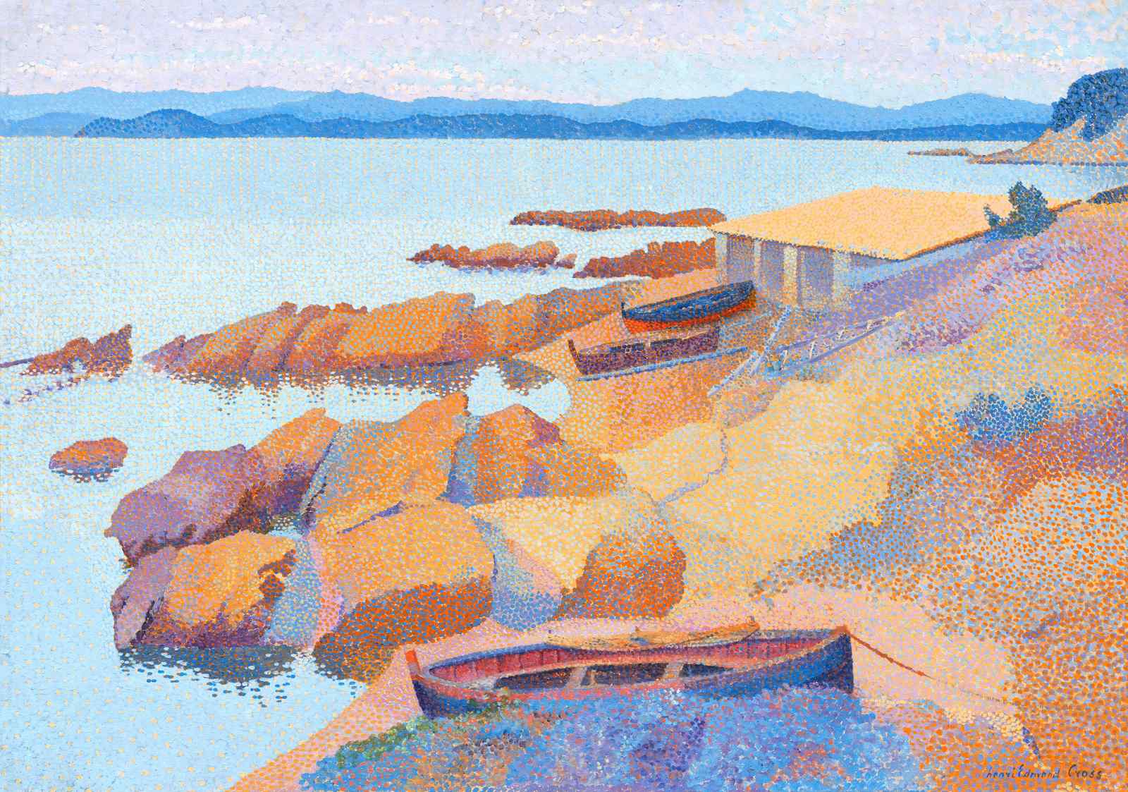 Seaside Boats Pointillism Wall Art