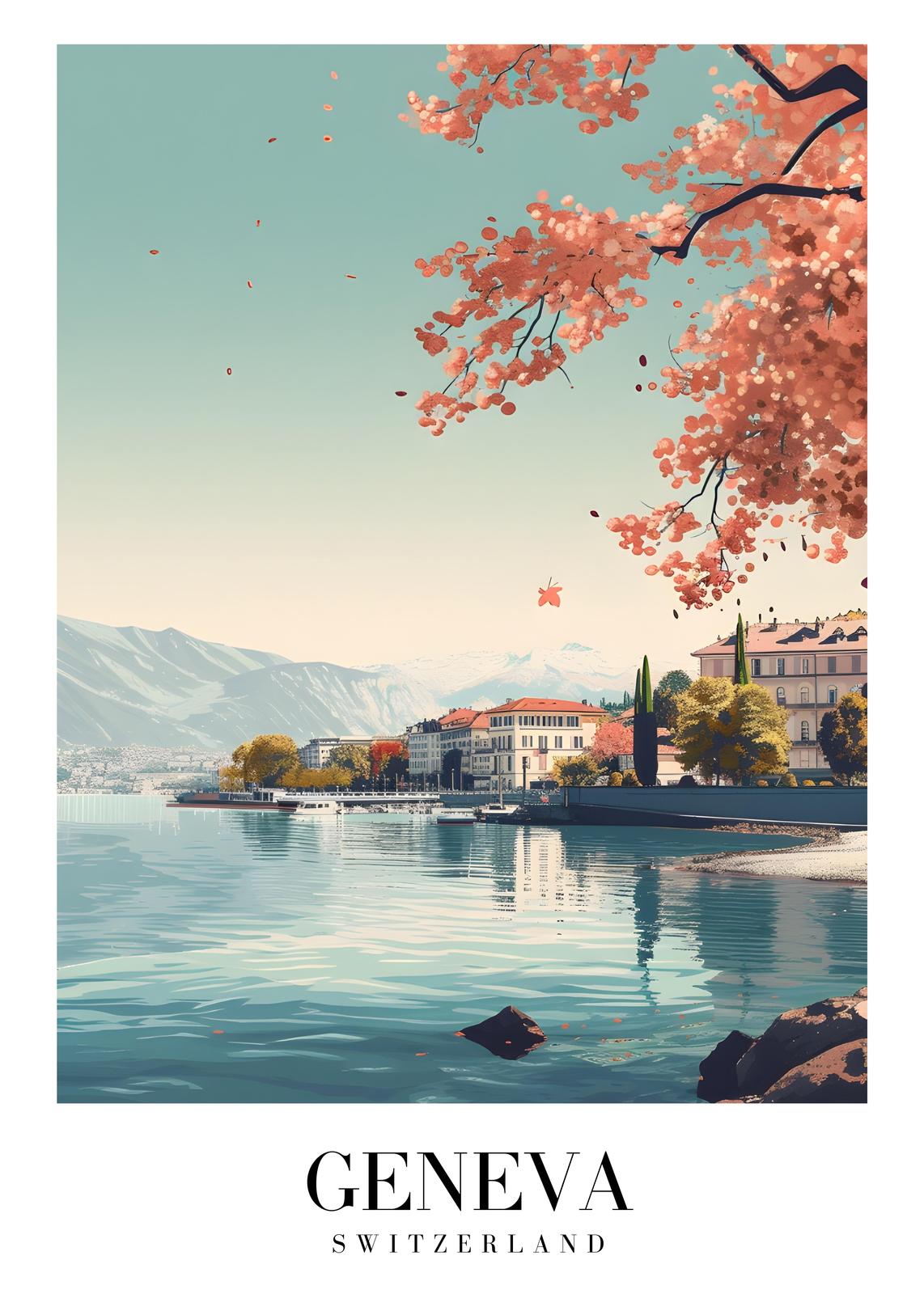 Tranquil Geneva Waterfront Spring Blossom Wall Art