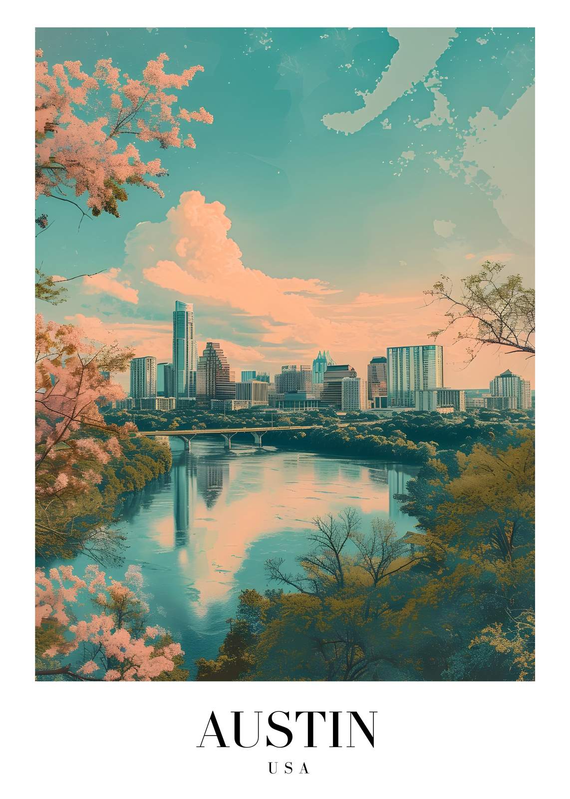 Austin Skyline Cherry Blossom Wall Art