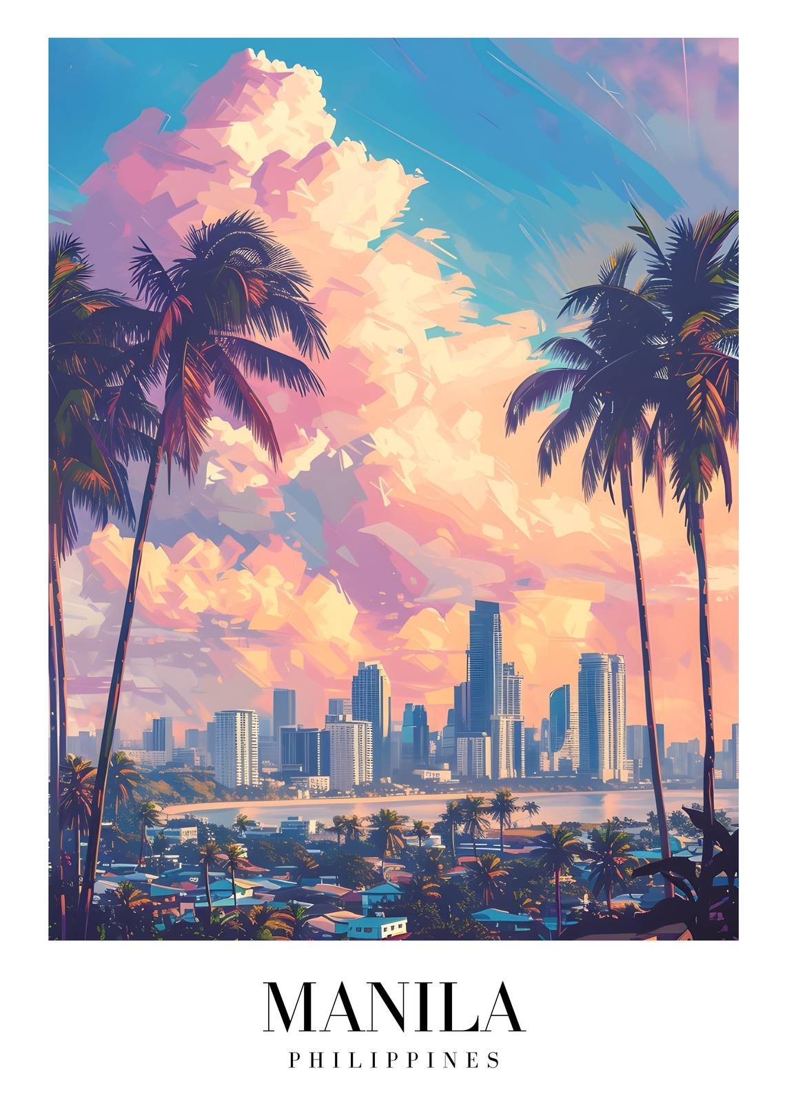 Manila Skyline Palm Sunset Wall Art