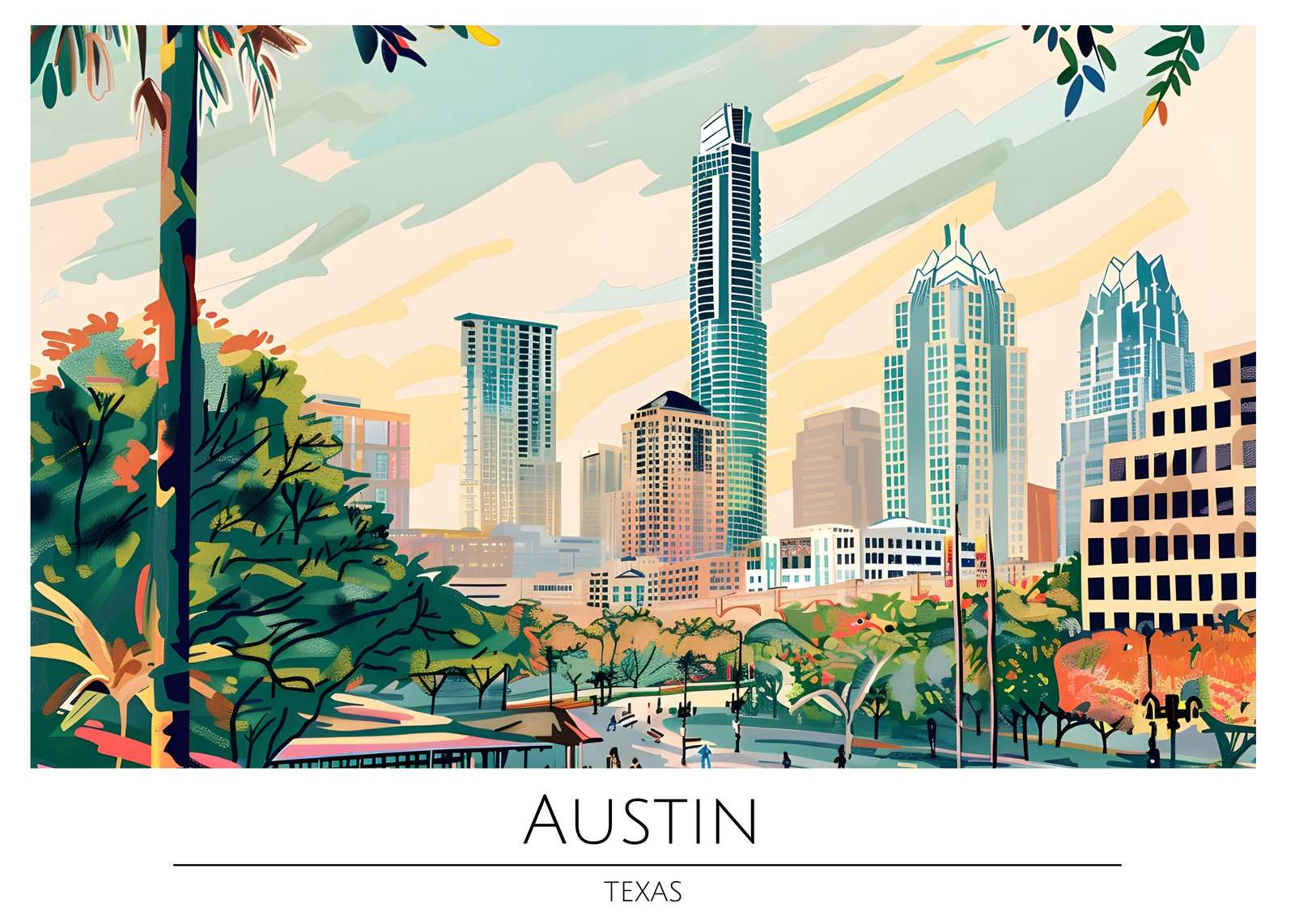 Vibrant Austin Skyline Wall Art - Texas Cityscape Art