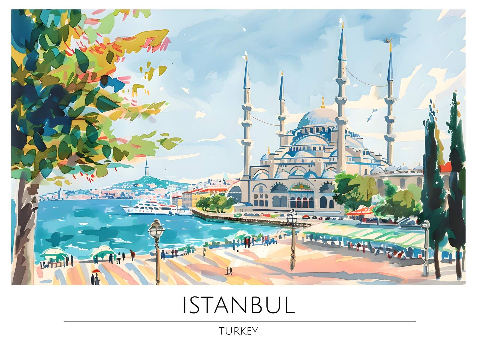 Vibrant Istanbul Mosque Watercolor Wall Art