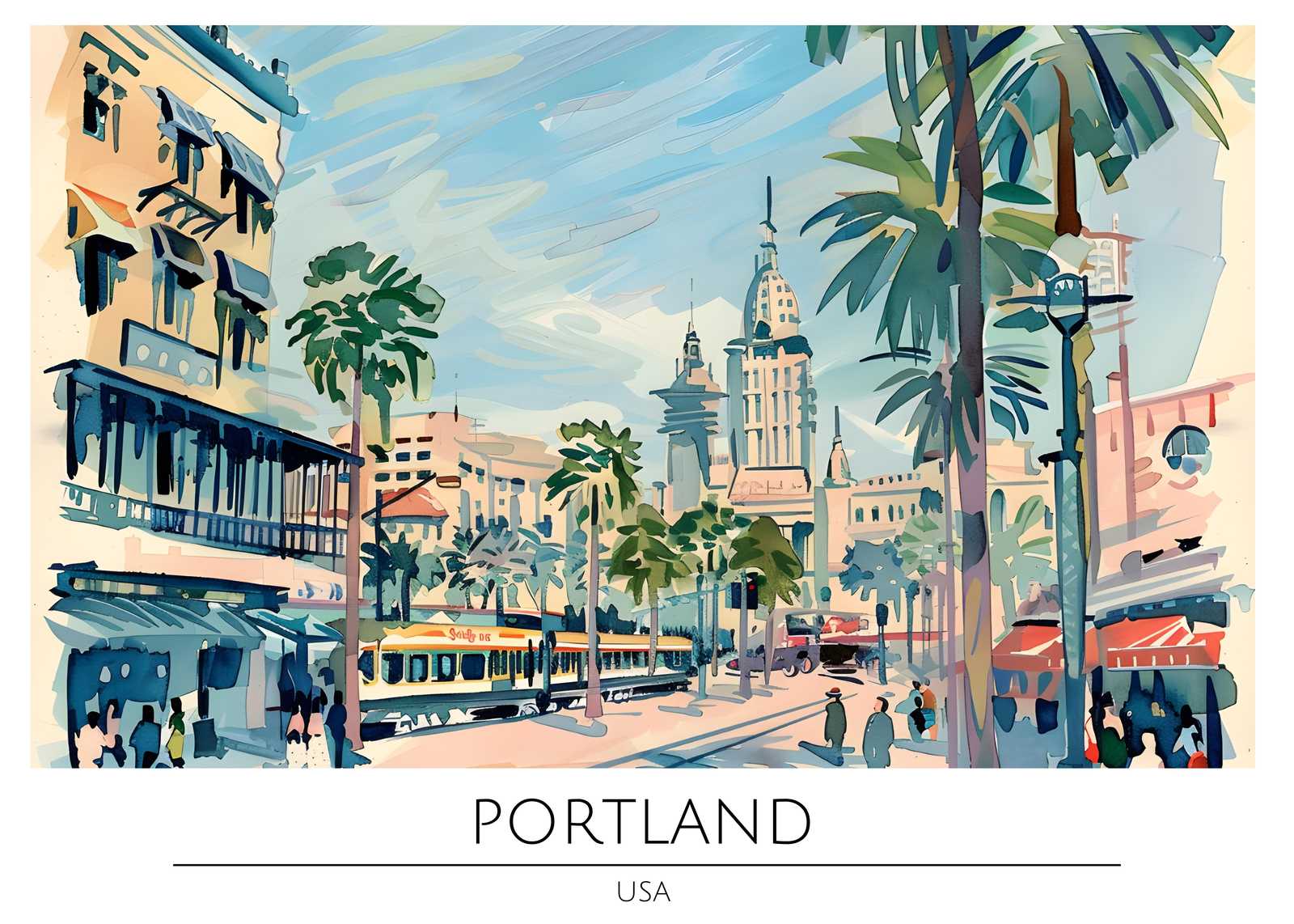 Vibrant Portland Street Scene Watercolor Wall Art