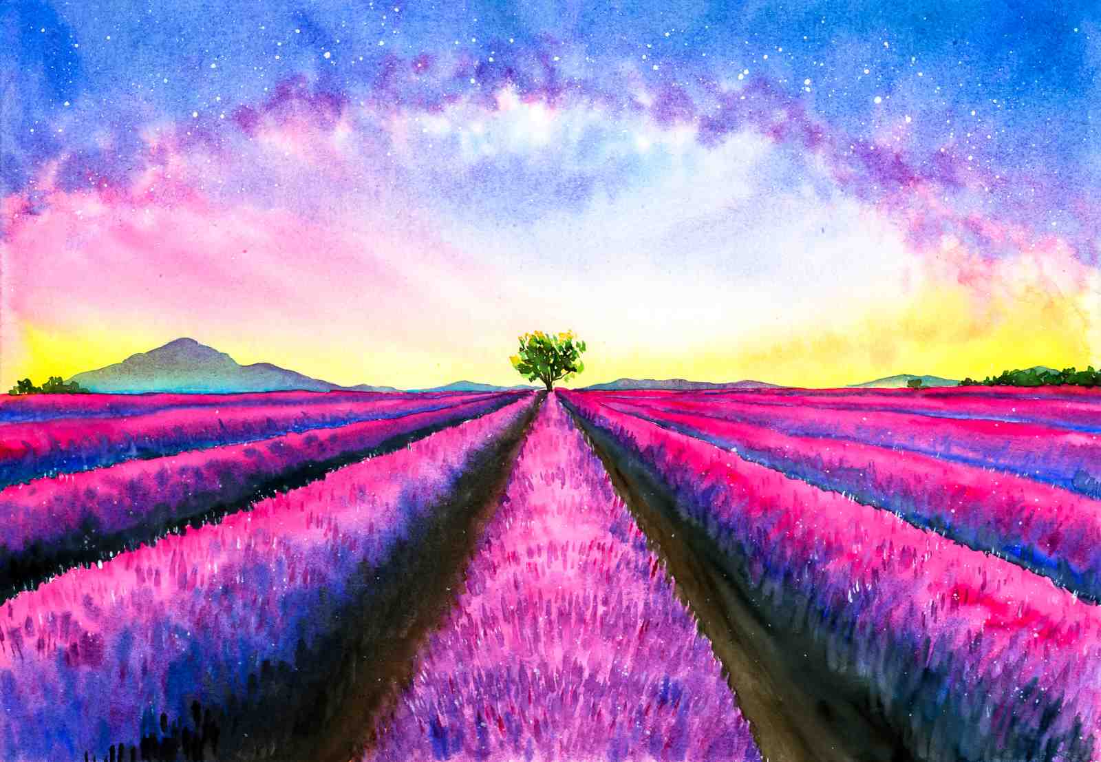 Vibrant Lavender Field & Starry Sky Wall Art