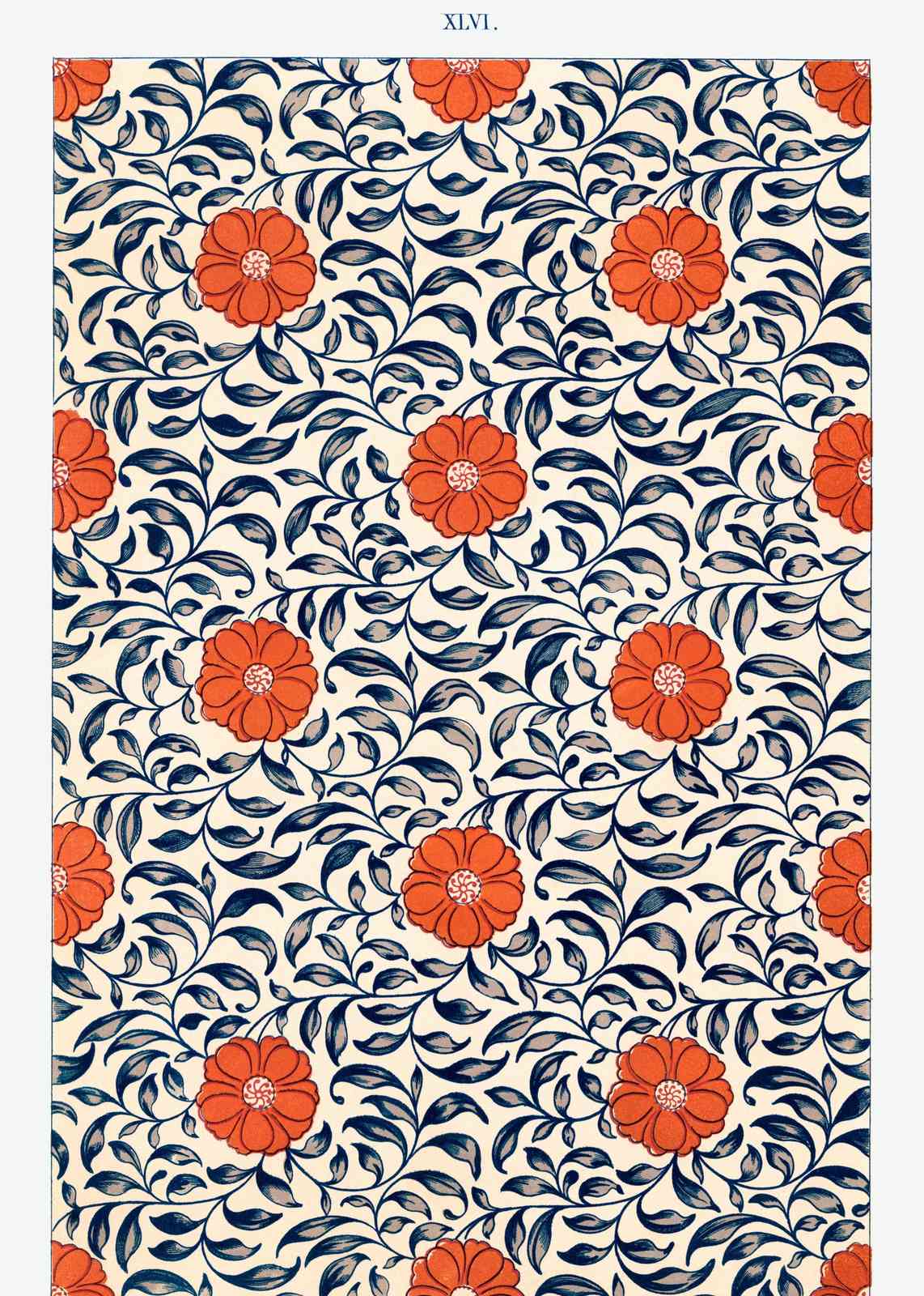 Vintage Floral Red Flower Dark Blue Leaves Wall Art
