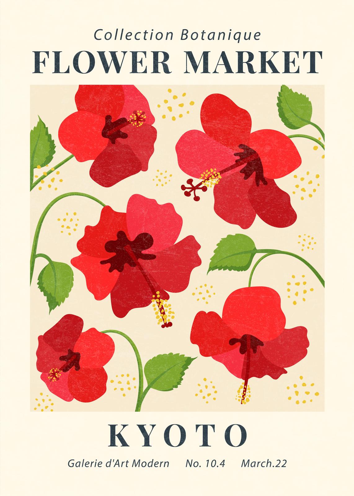 Red Hibiscus Flower Market Kyoto Wall Art