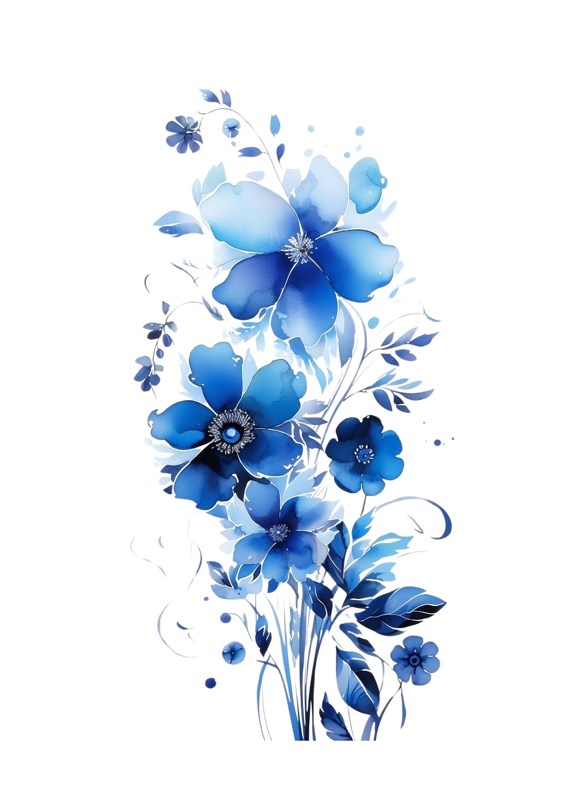 Vibrant Blue Floral Watercolor Wall Art