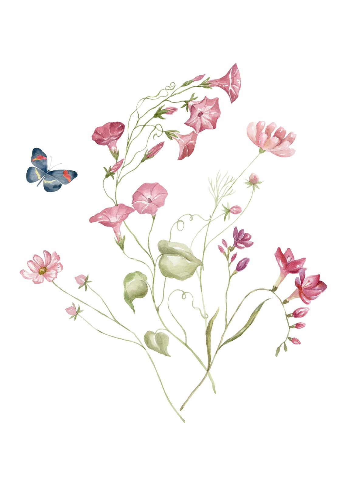 Pink Floral Butterfly Watercolor Wall Art