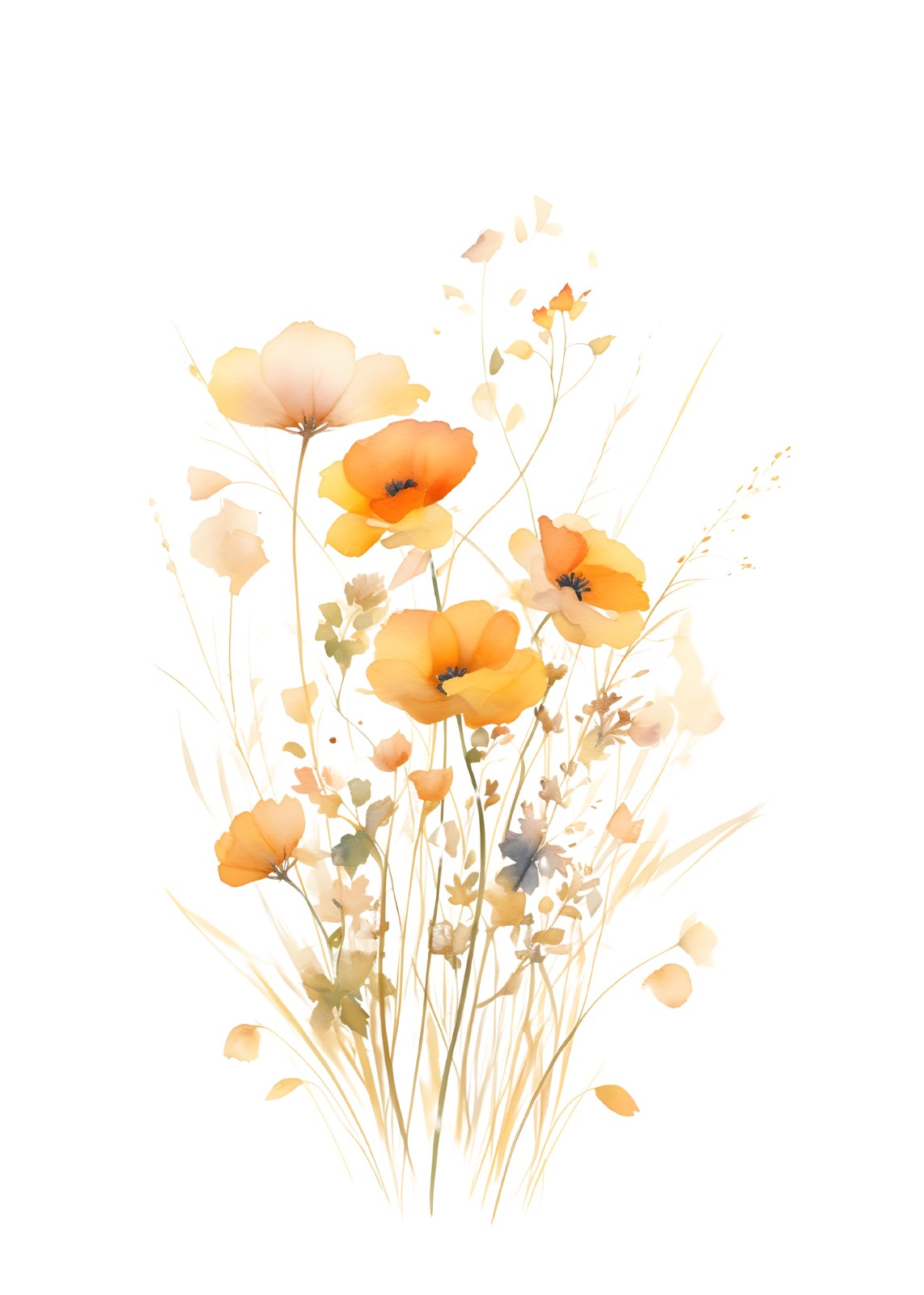Golden Poppies Meadow Watercolor Wall Art