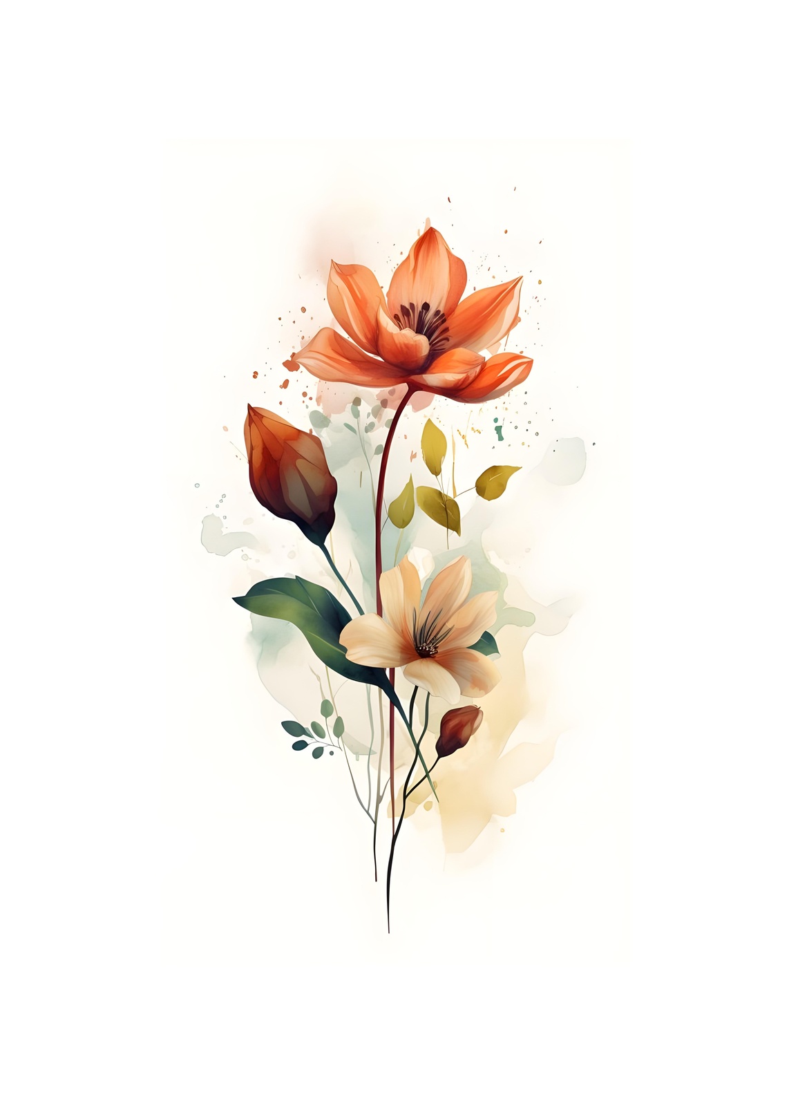 Elegant Orange Floral Watercolor Wall Art