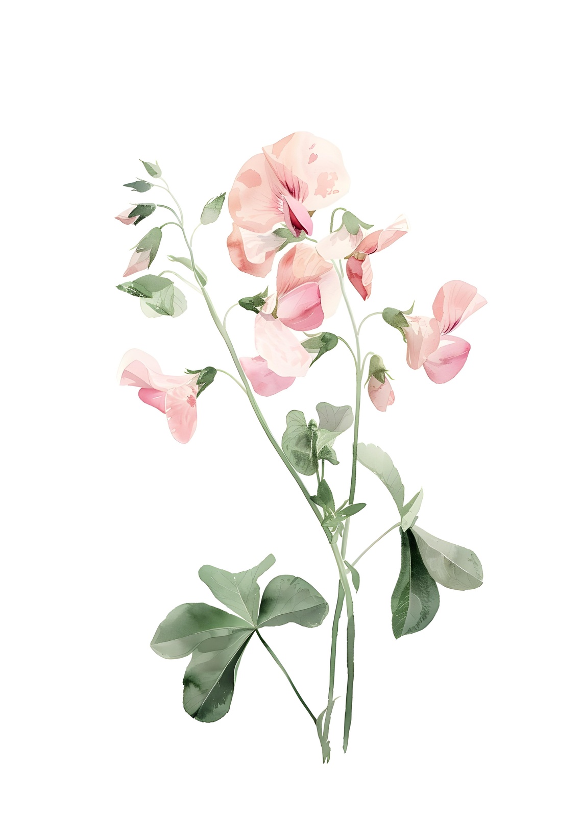 Soft Pink Sweet Pea Botanical Watercolor Wall Art
