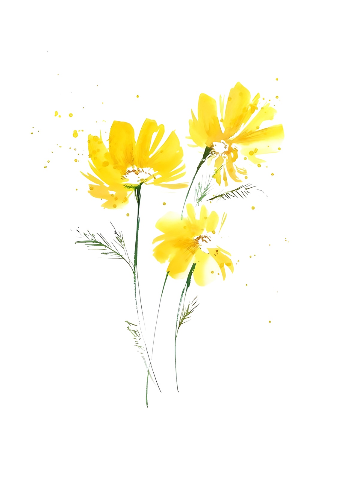 Vibrant Yellow Cosmos Watercolor Wall Art