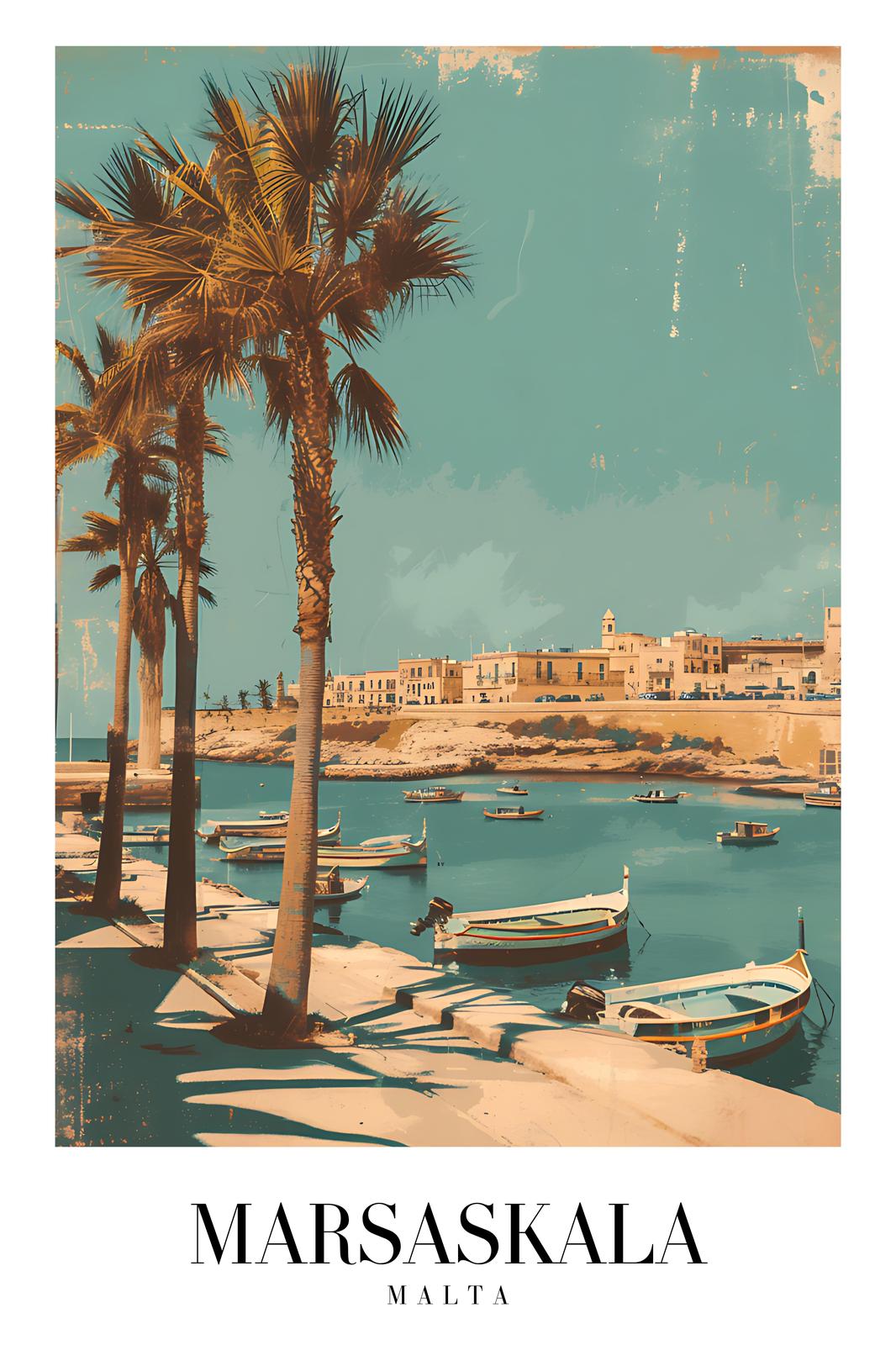 Retro Marsaskala Malta Harbor Palm Trees Wall Art