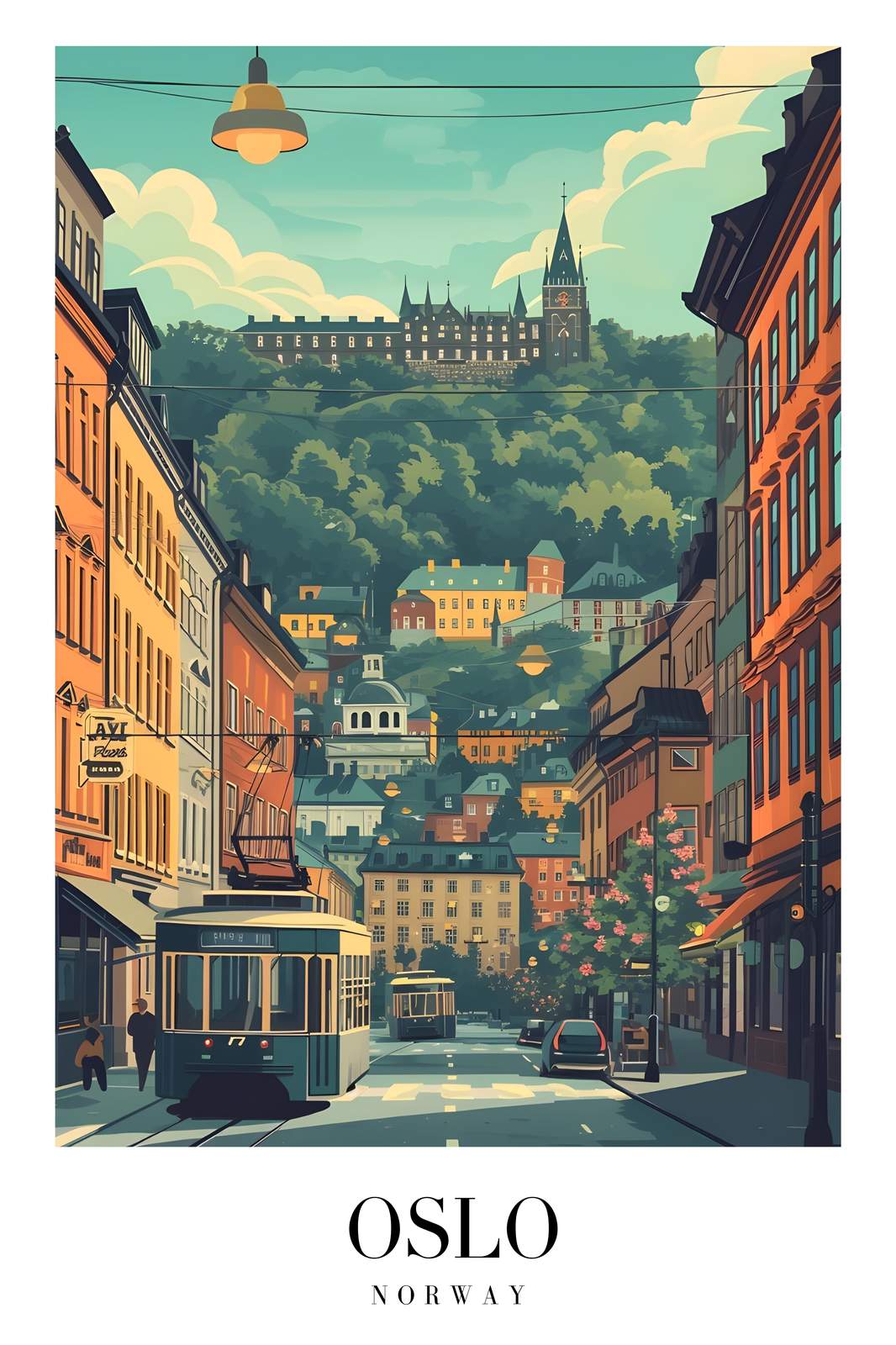 Oslo Cityscape Tram Wall Art | Norway Travel Art