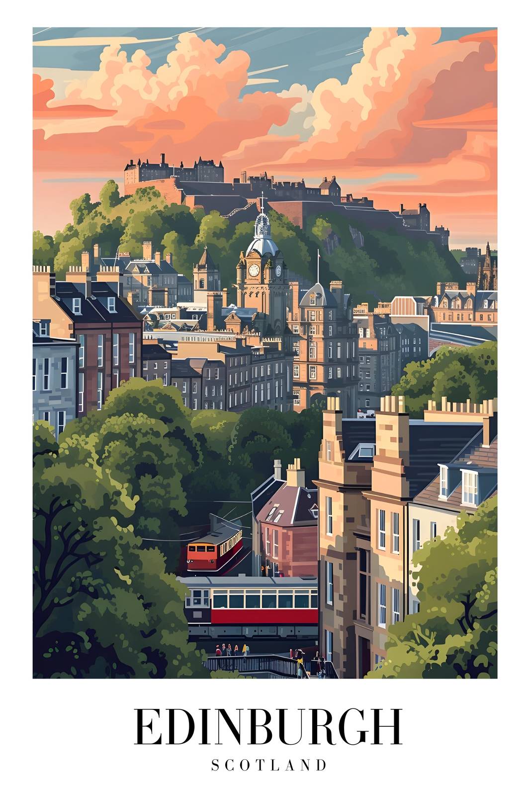 Edinburgh Castle Sunset Train Art Wall Art