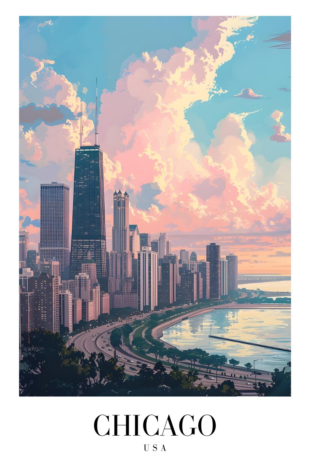 Chicago Skyline Sunset Wall Art
