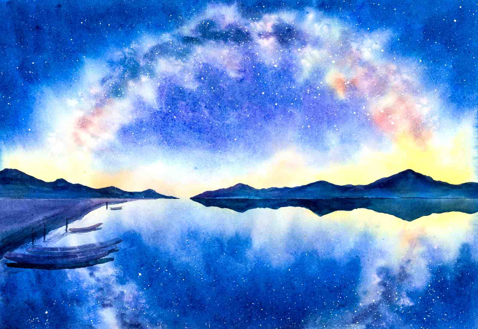 Dreamy Galaxy Lake Boats Wall Art