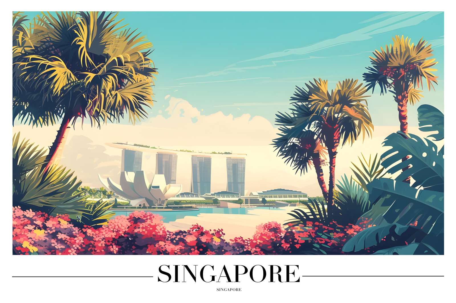 Vibrant Singapore Skyline Palm Trees Wall Art