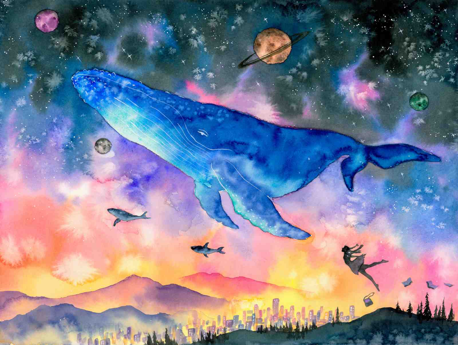 Cosmic Whale & Cityscape Watercolor Wall Art