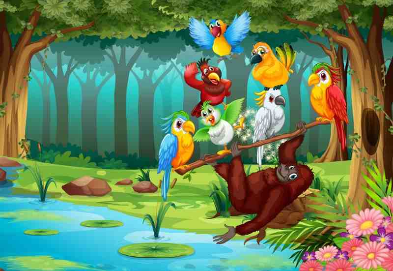 Vibrant Jungle Scene Parrot & Monkey Wall Art