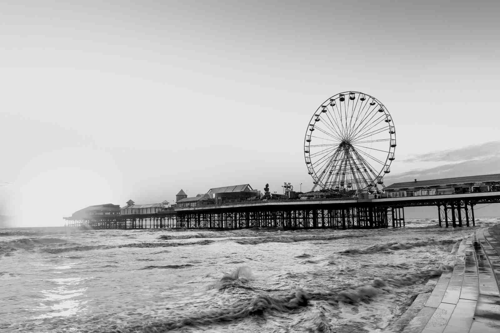 Seaside Ferris Wheel & Pier Black and White Wall Art