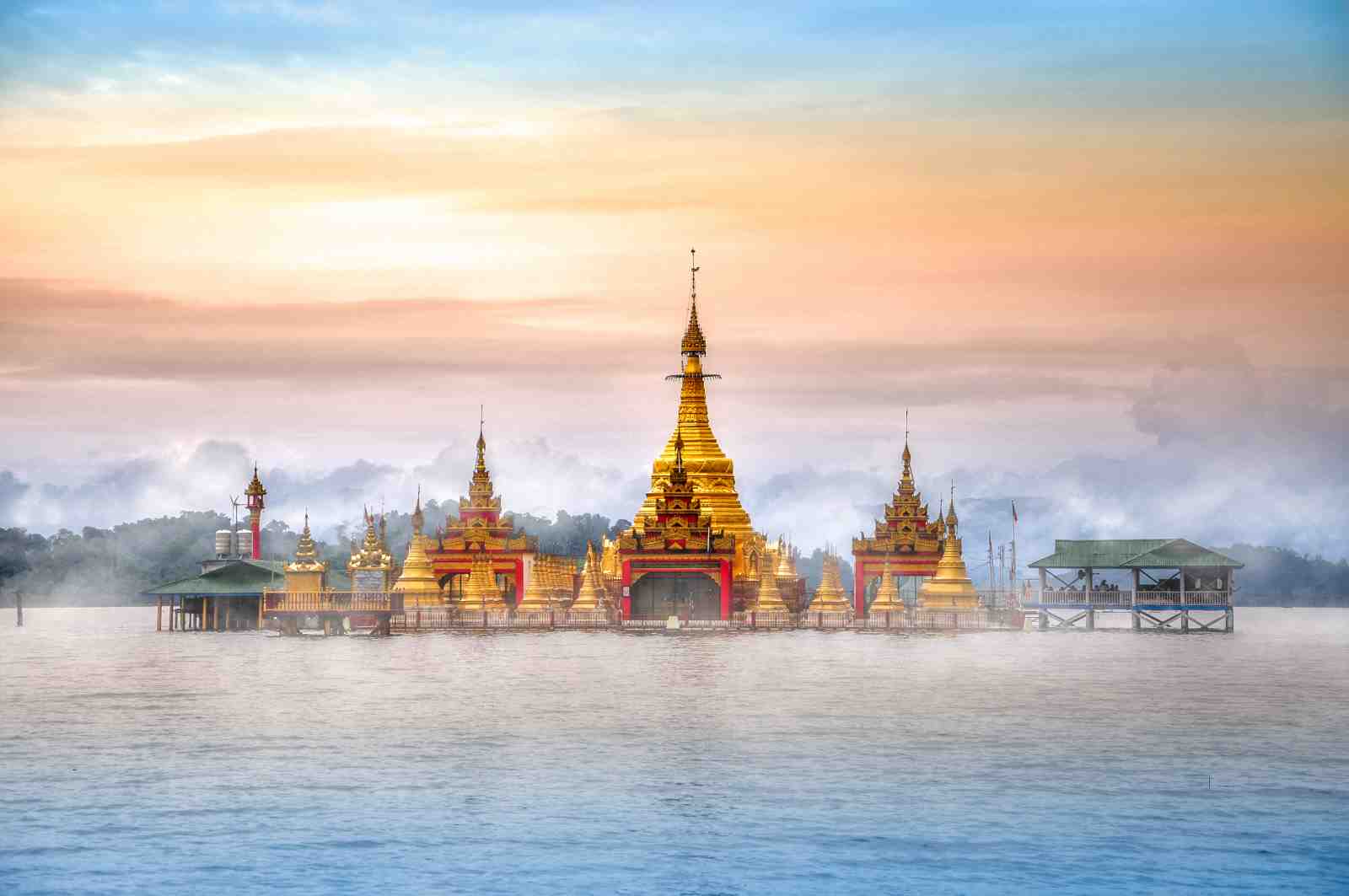 Serene Golden Pagodas Over Water Wall Art