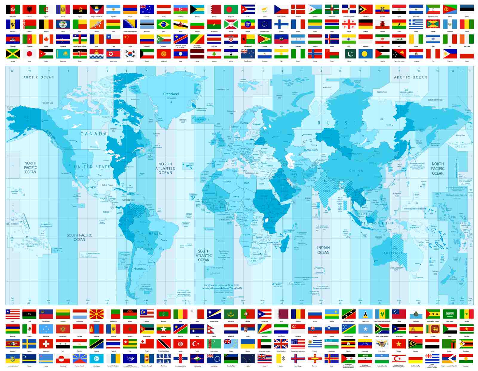 World Map & Flags Time Zones Wall Art