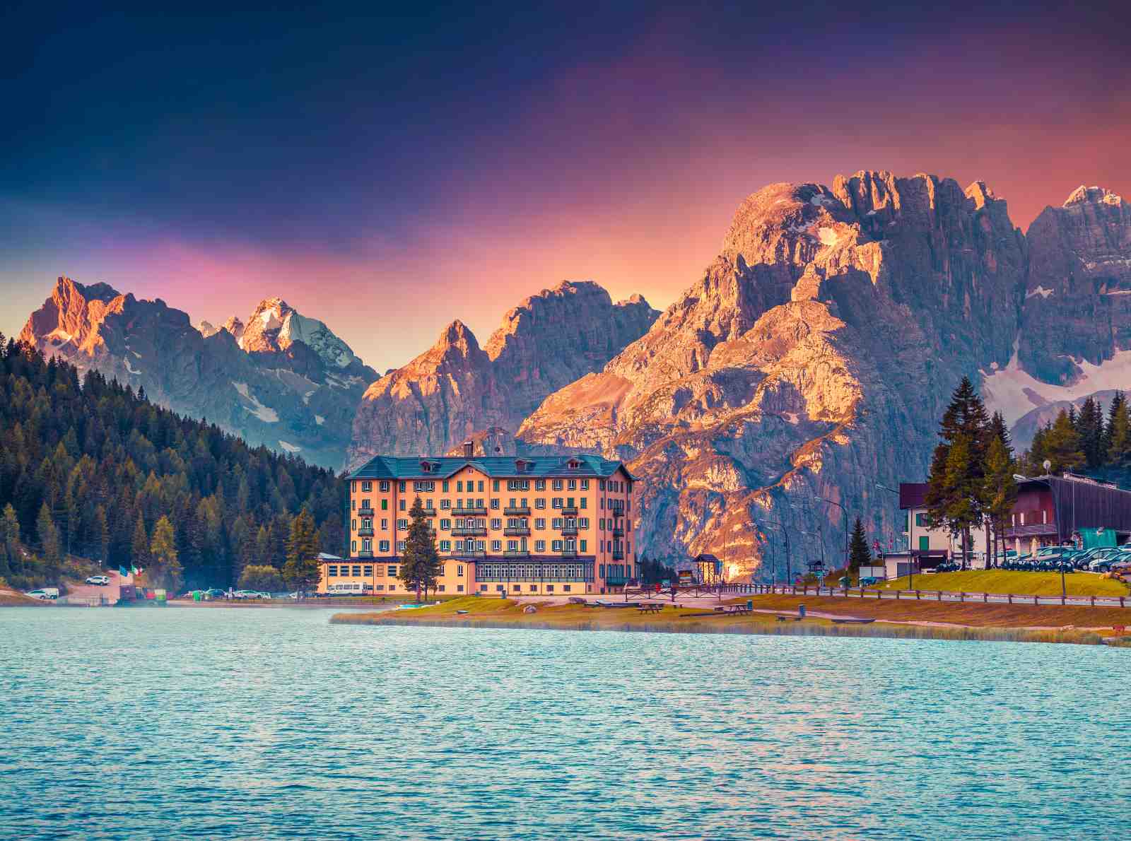Alpine Lake Hotel Mountain Sunset Wall Art