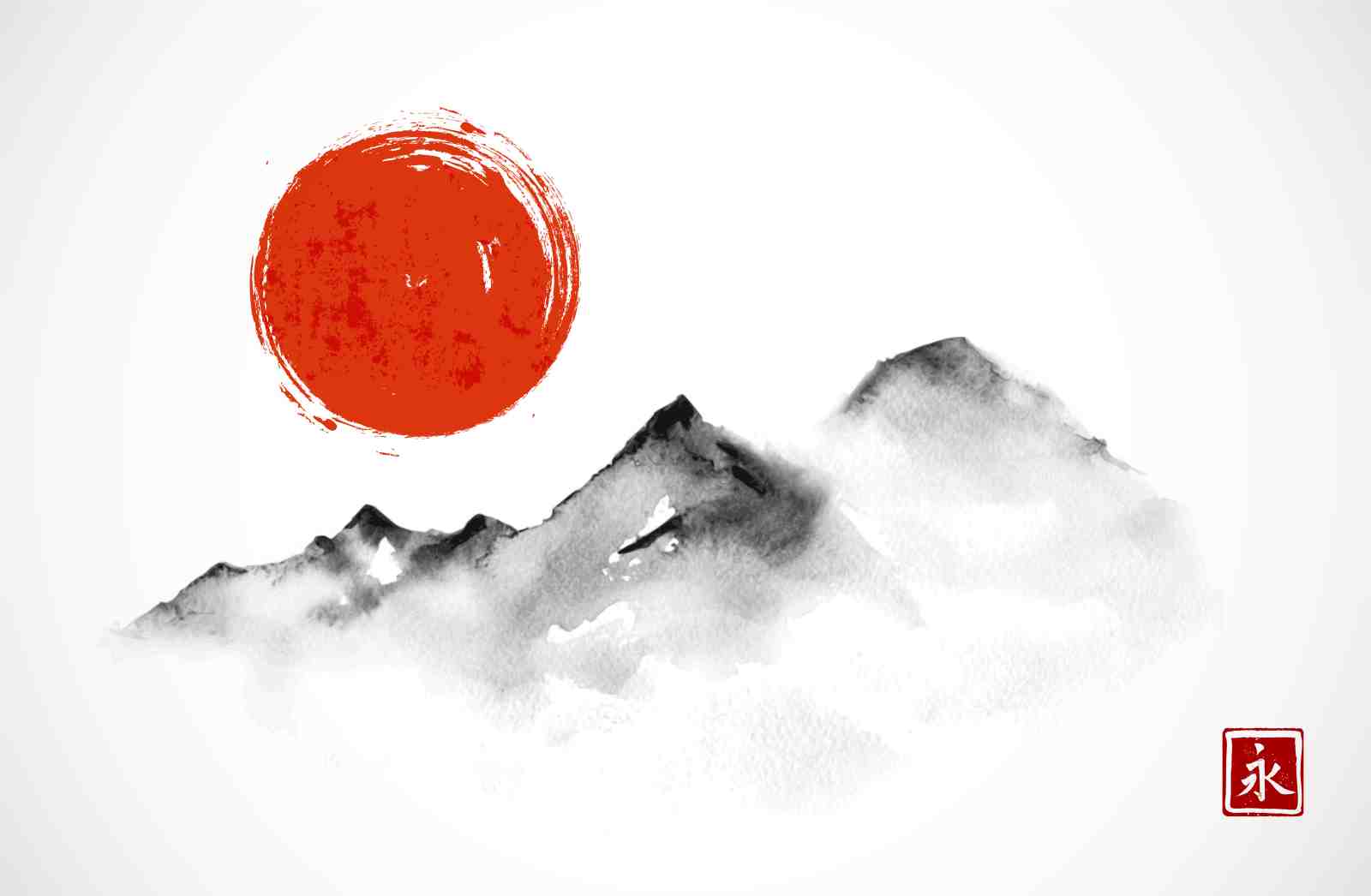 Zen Mountain Sunrise Ink Wash Wall Art