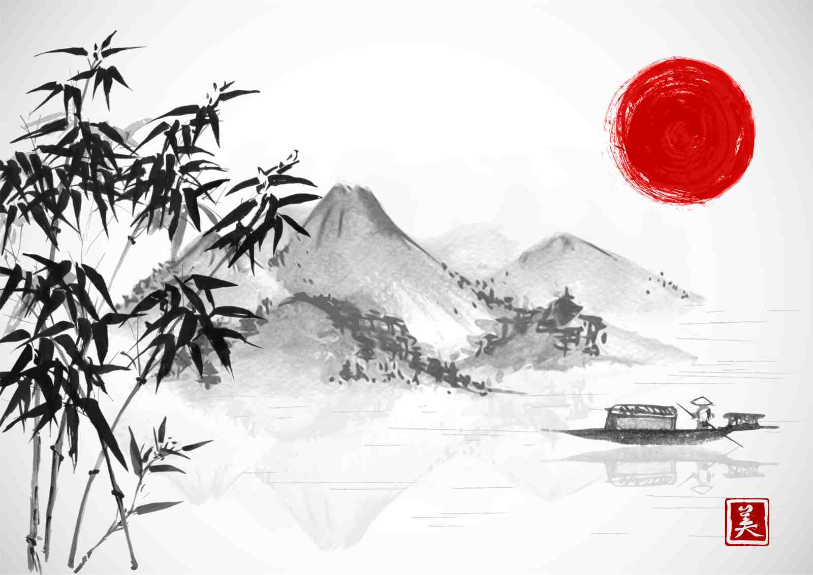 Zen Bamboo & Sunrise Landscape Wall Art