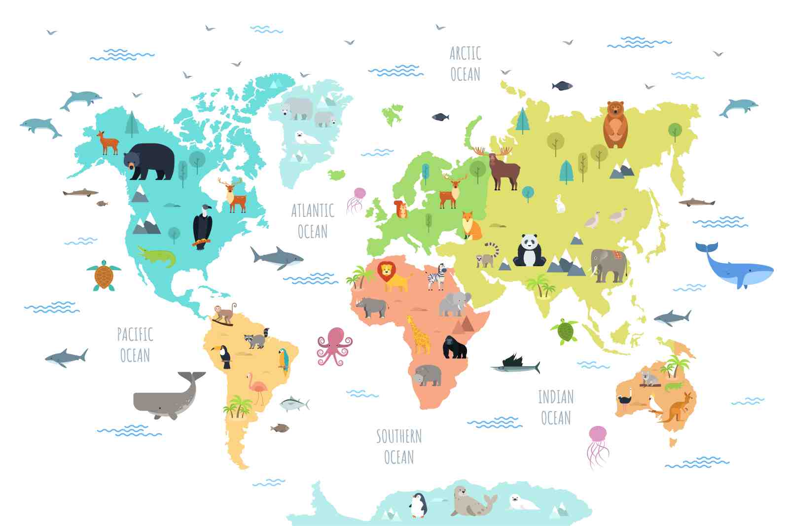 Whimsical World Animals Map Wall Art