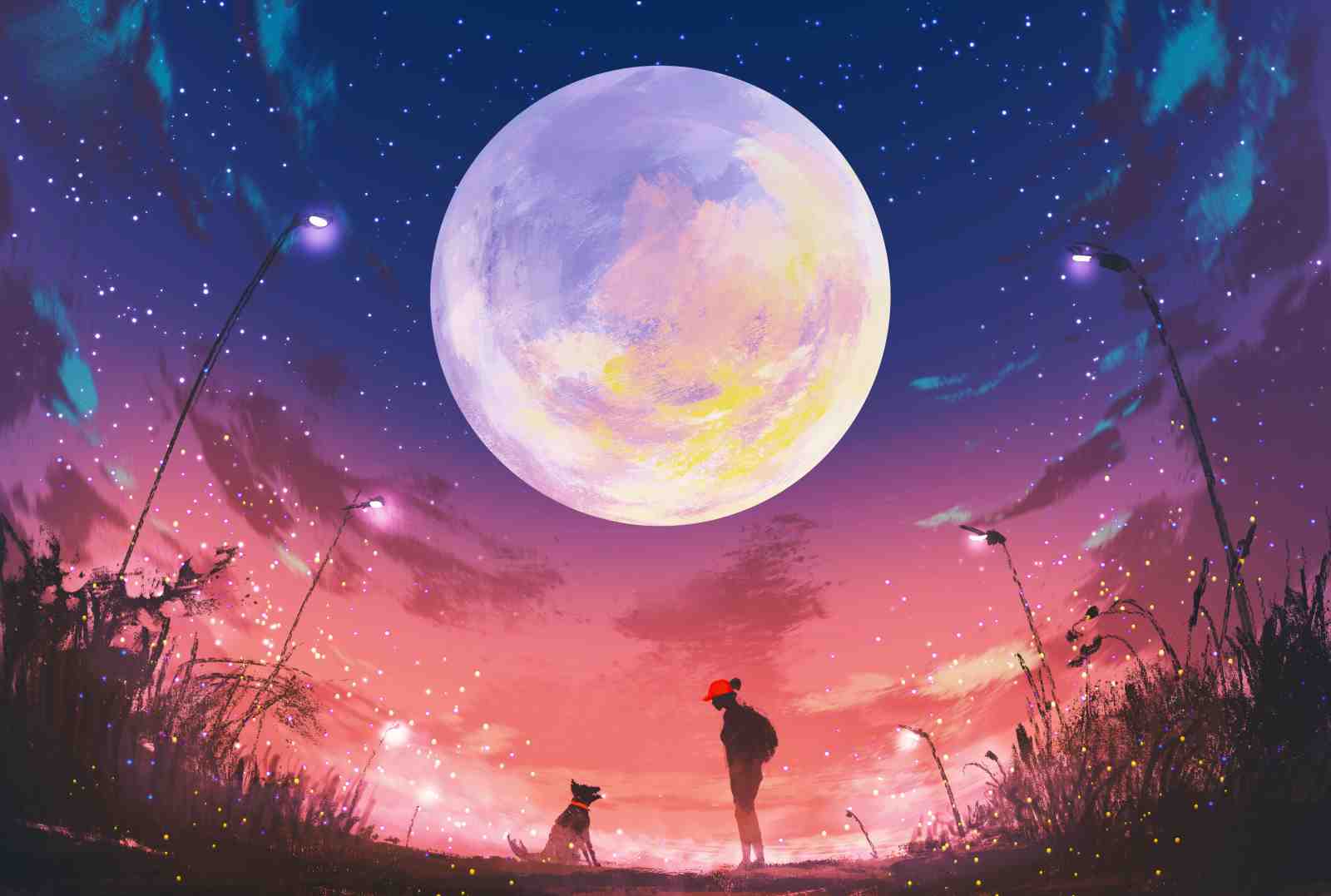 Magical Moonlit Night Dog & Boy Wall Art