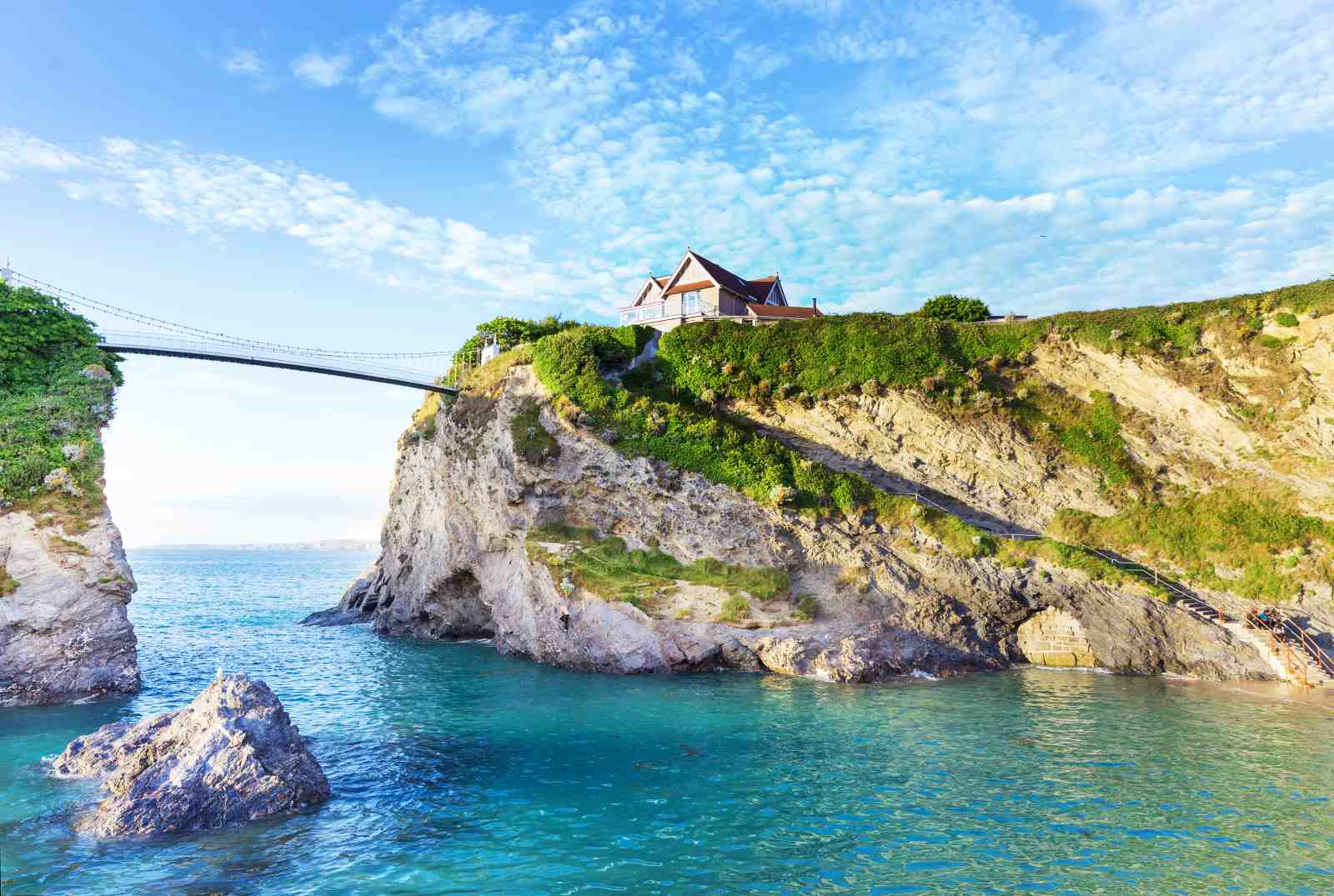 Coastal Cliff House Suspension Bridge Wall Art