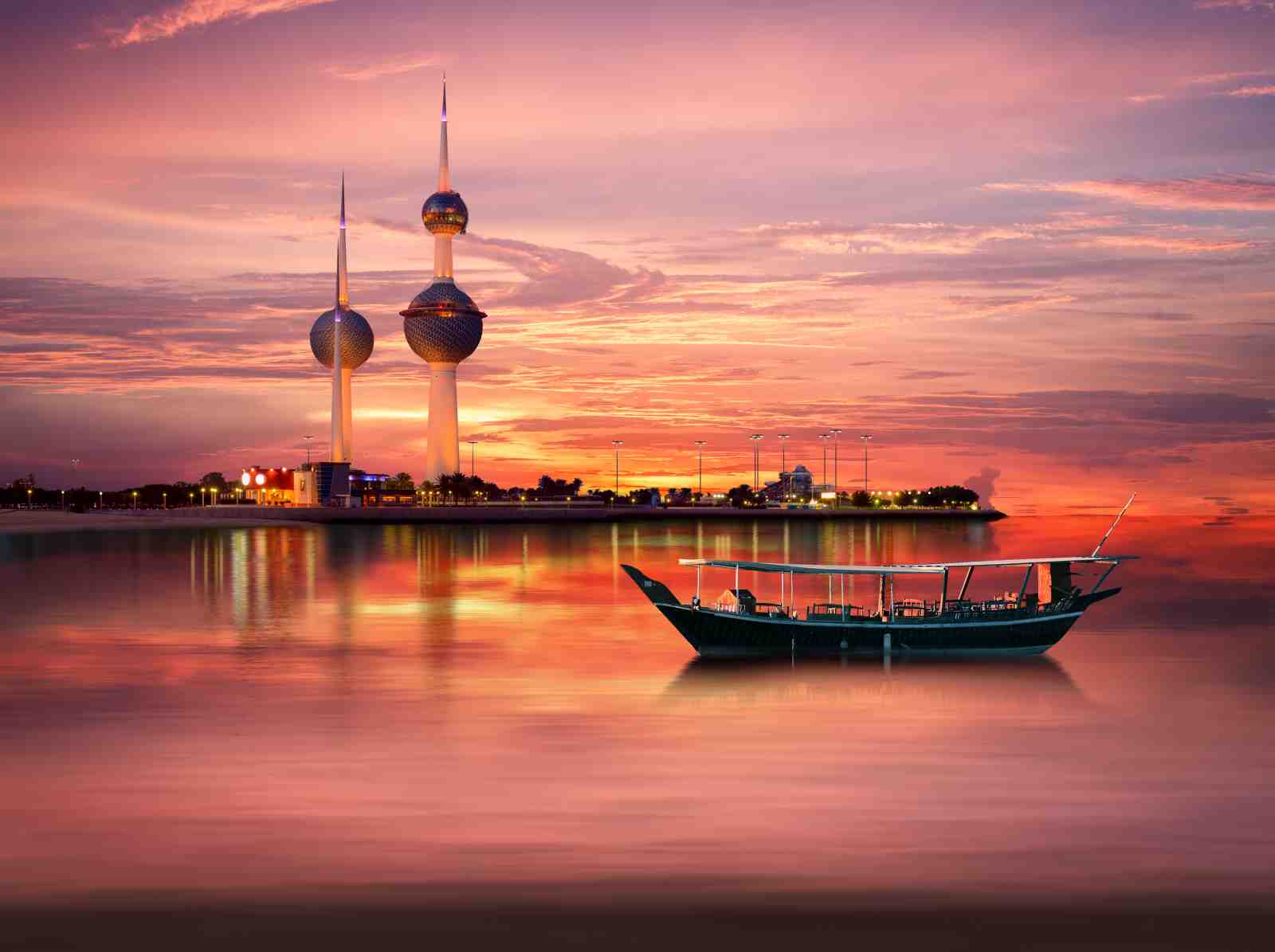 Kuwait City Skyline Sunset Dhow Boat Wall Art