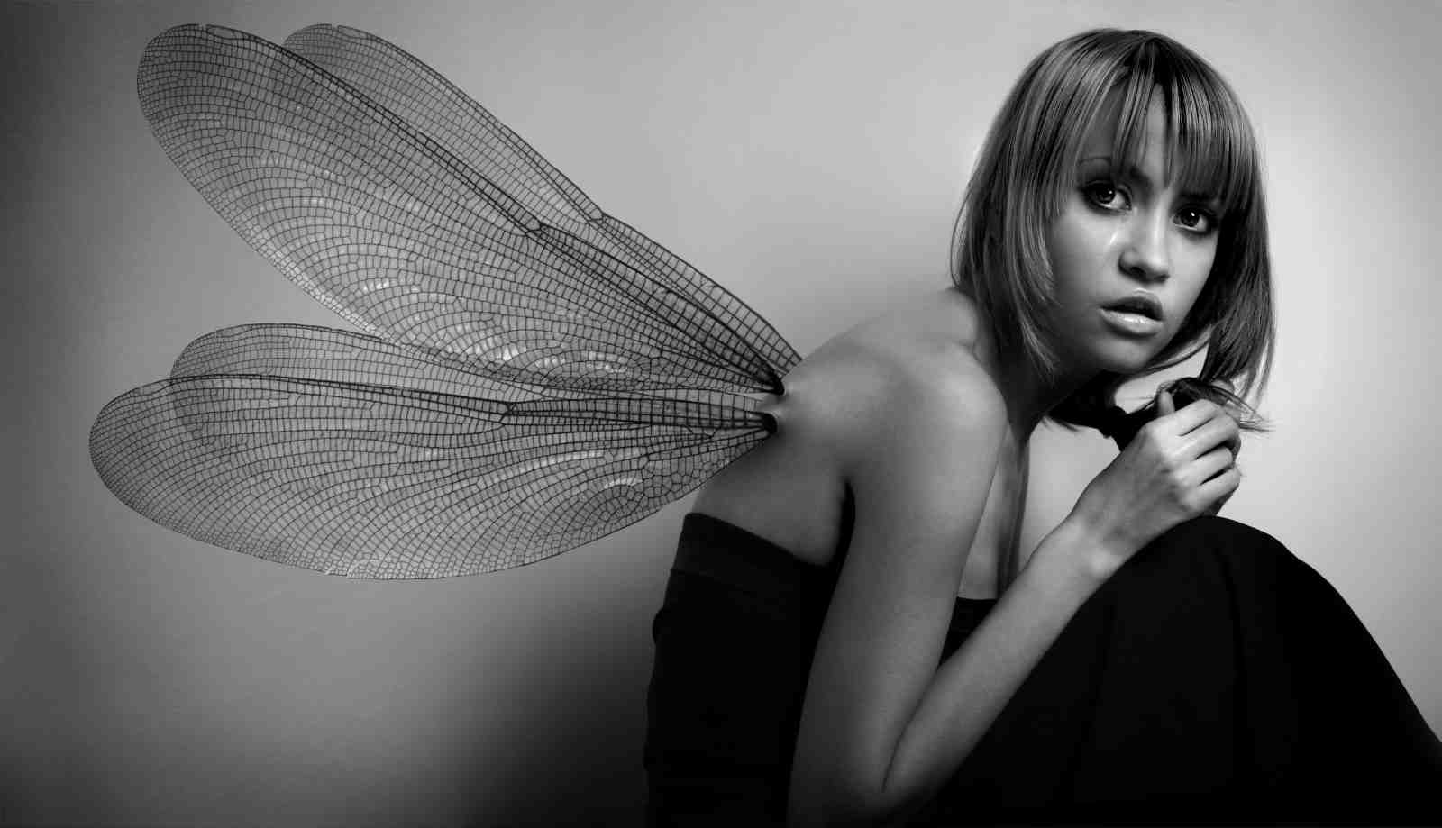 Fantasy Dragonfly Wings Woman B&W Wall Art