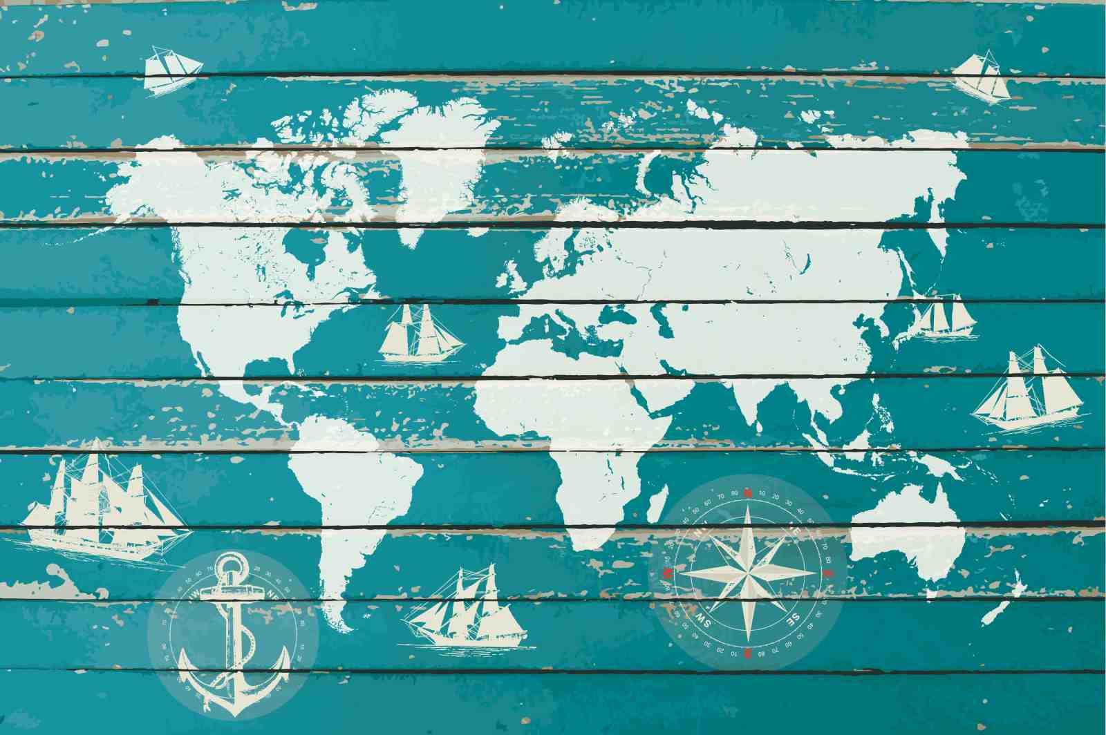 Nautical World Map & Sailboats Wall Art