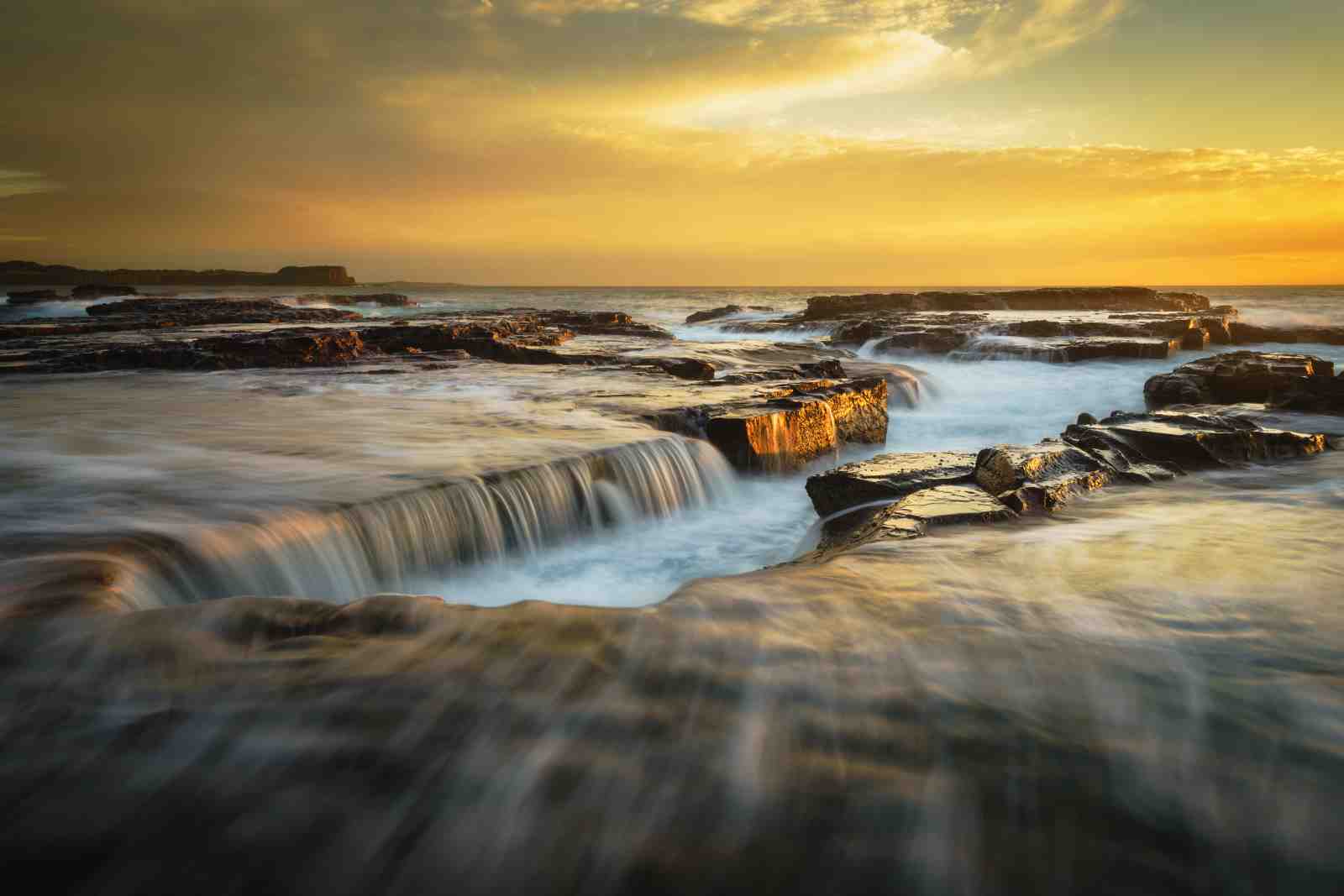 Golden Hour Waterfall Coastal Serenity Wall Art