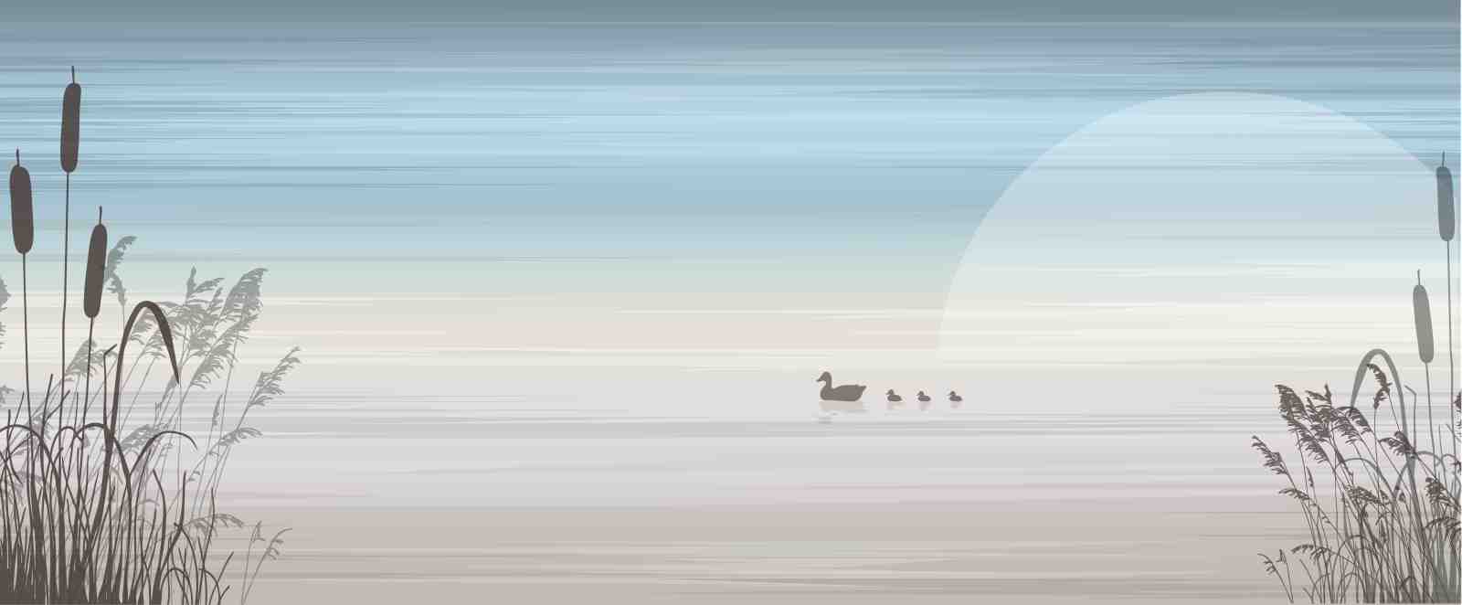 Serene Duck Family Lake Landscape Wall Art