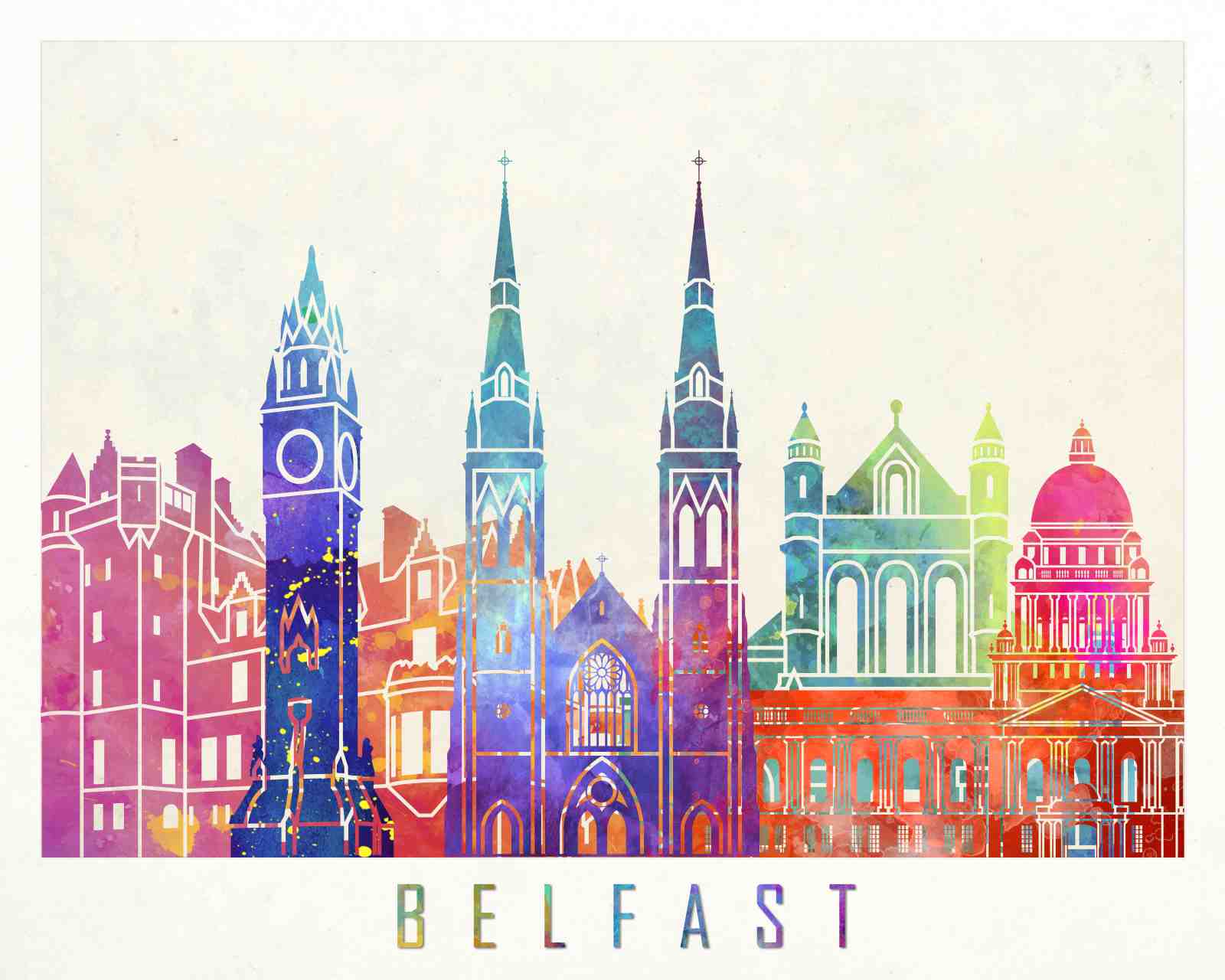 Vibrant Belfast Skyline Watercolor Wall Art