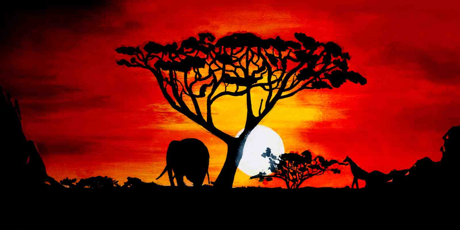 African Sunset Elephant Giraffe Wall Art