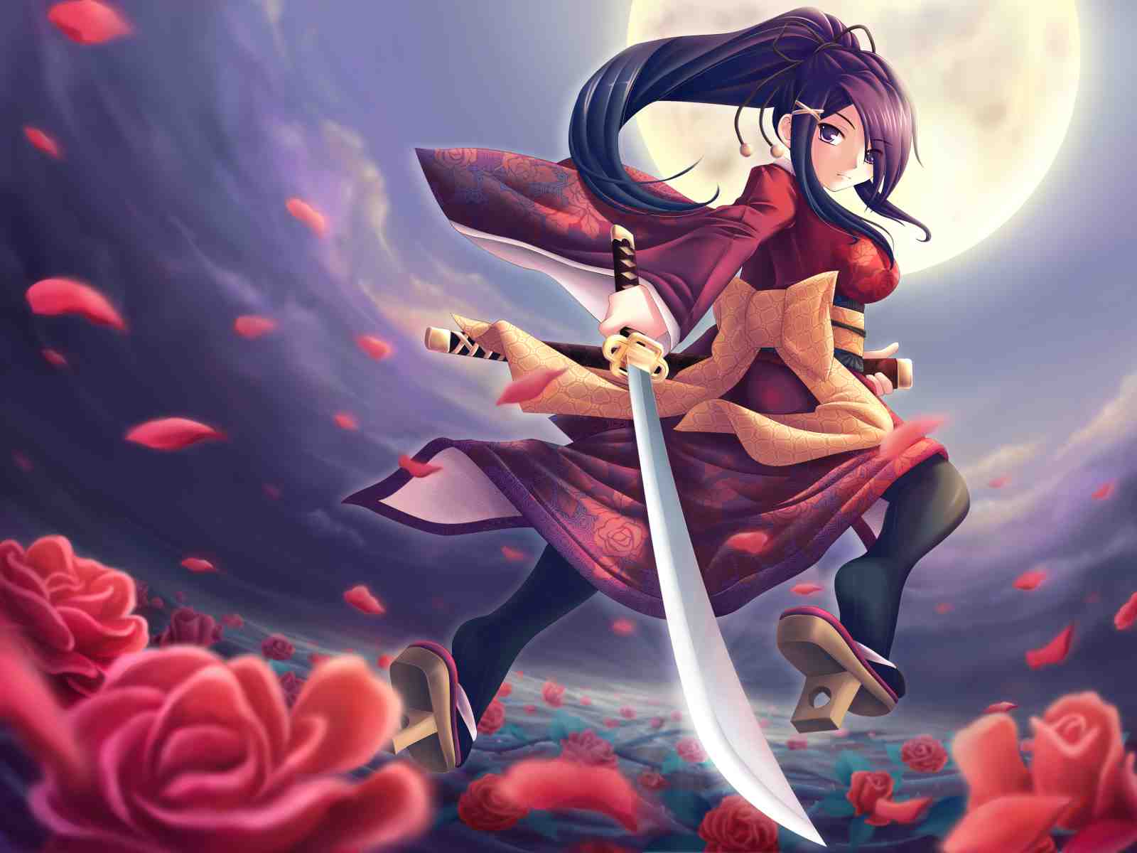 Graceful Samurai Woman Rose Field Wall Art