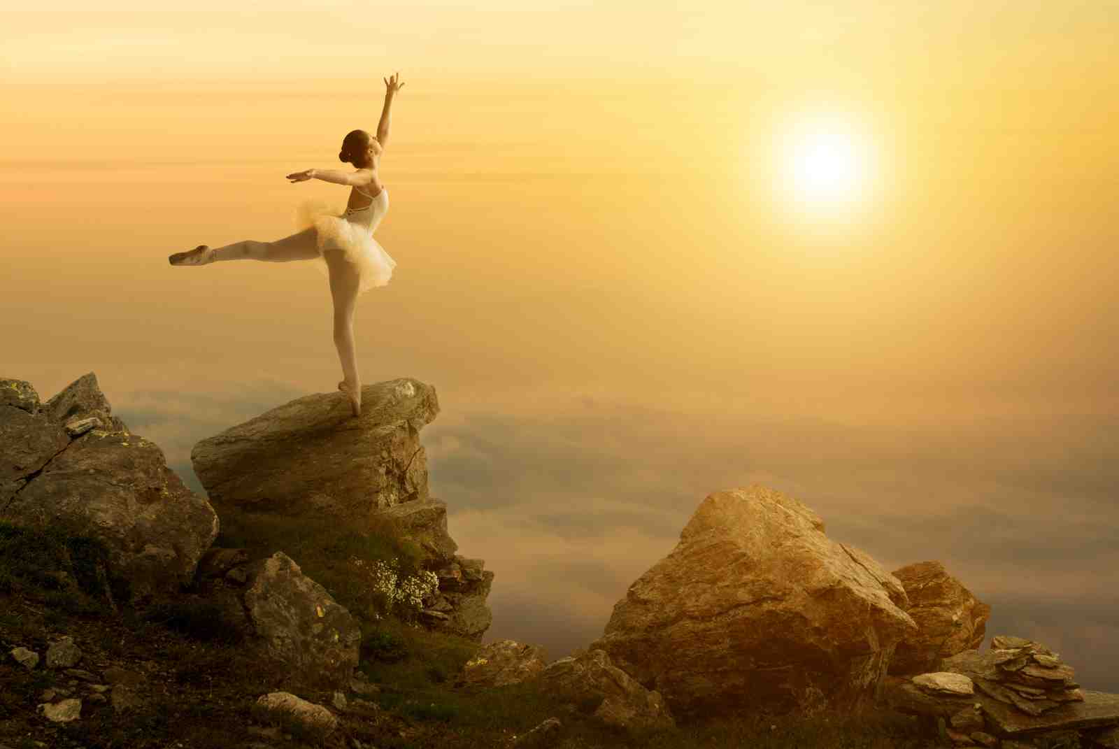 Graceful Ballerina Sunset Cliff Wall Art