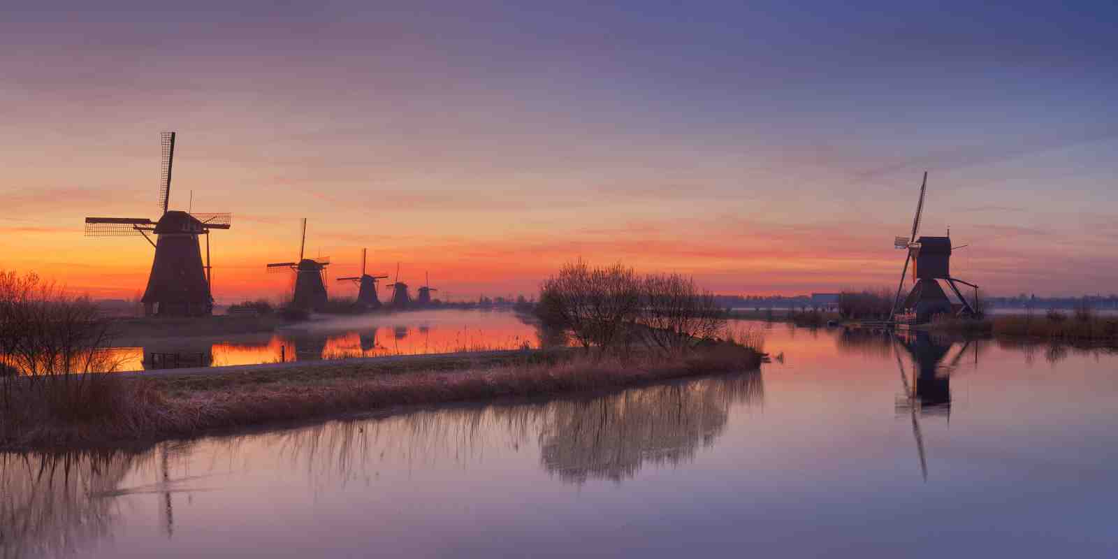 Serene Dutch Windmills Sunset Wall Art