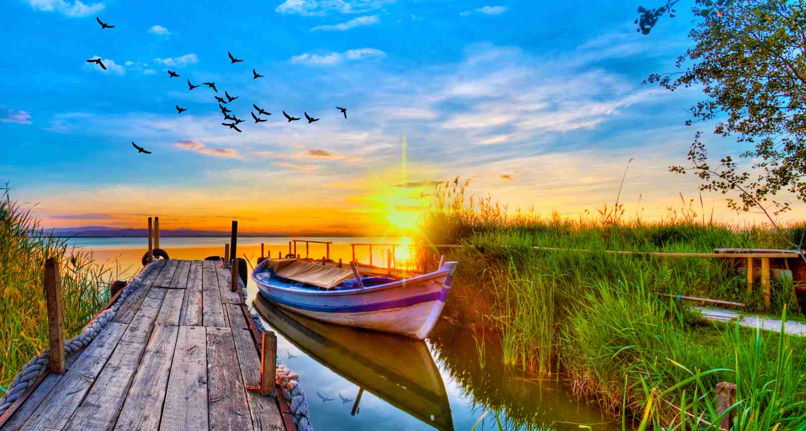 Serene Sunset Boat Dock Wall Art