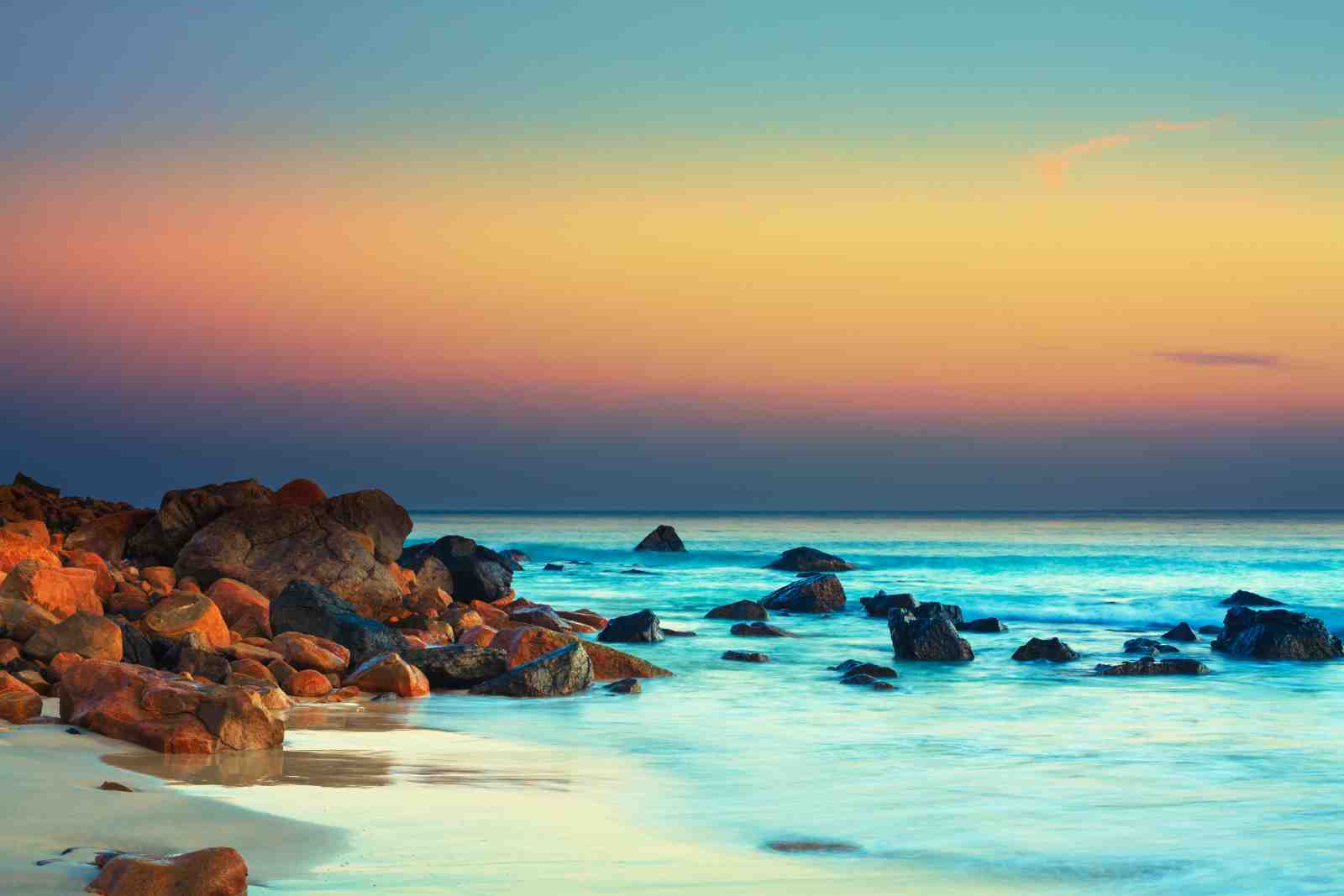 Tranquil Ocean Sunset Rocks Wall Art
