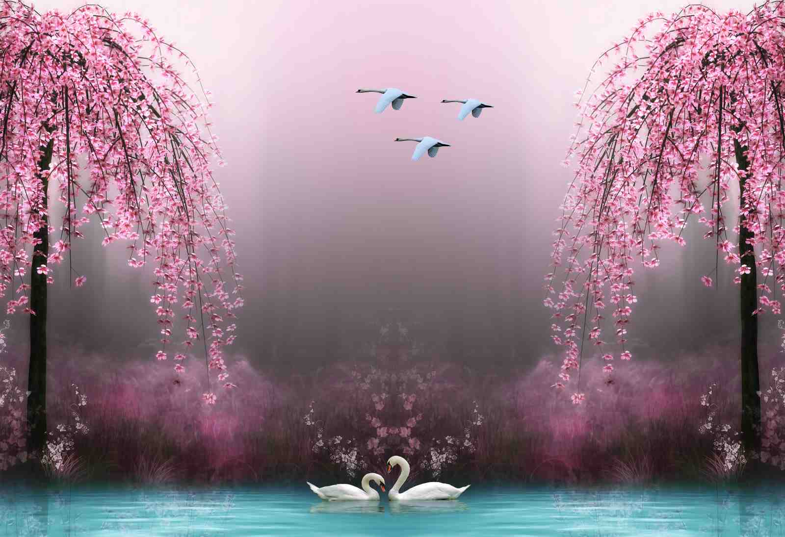 Serene Swans & Cherry Blossoms Wall Art