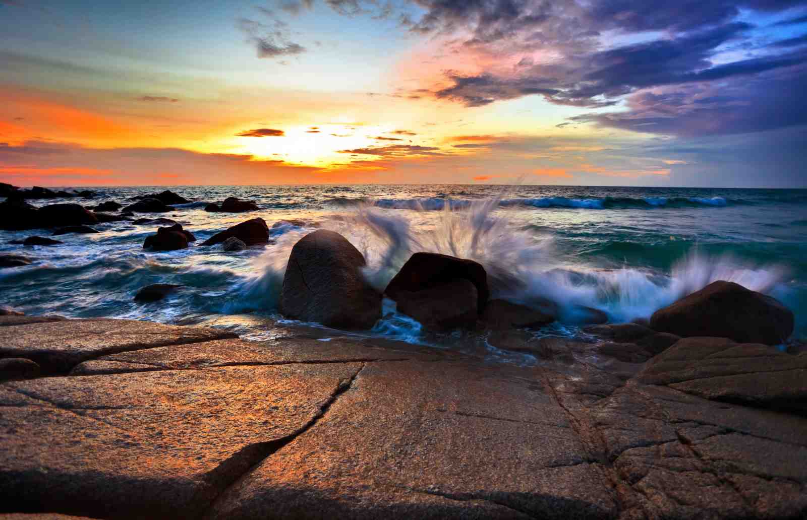 Sunset Ocean Wave Rocks Wall Art