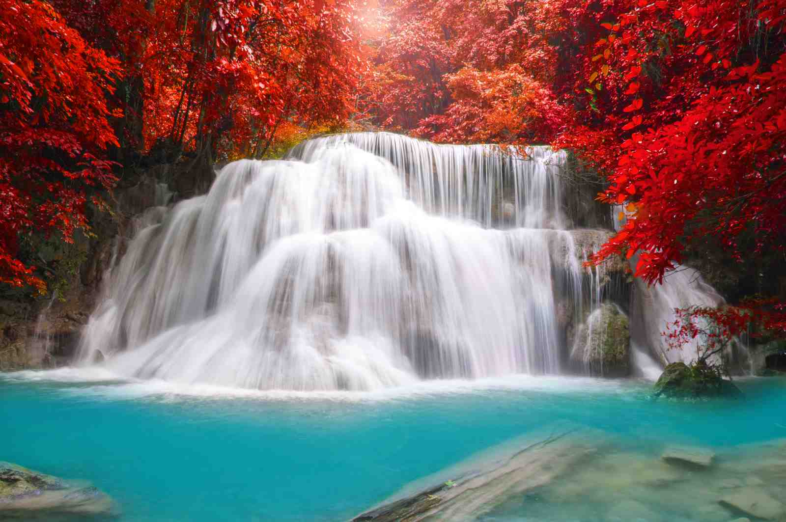 Vibrant Red Forest Waterfall Wall Art
