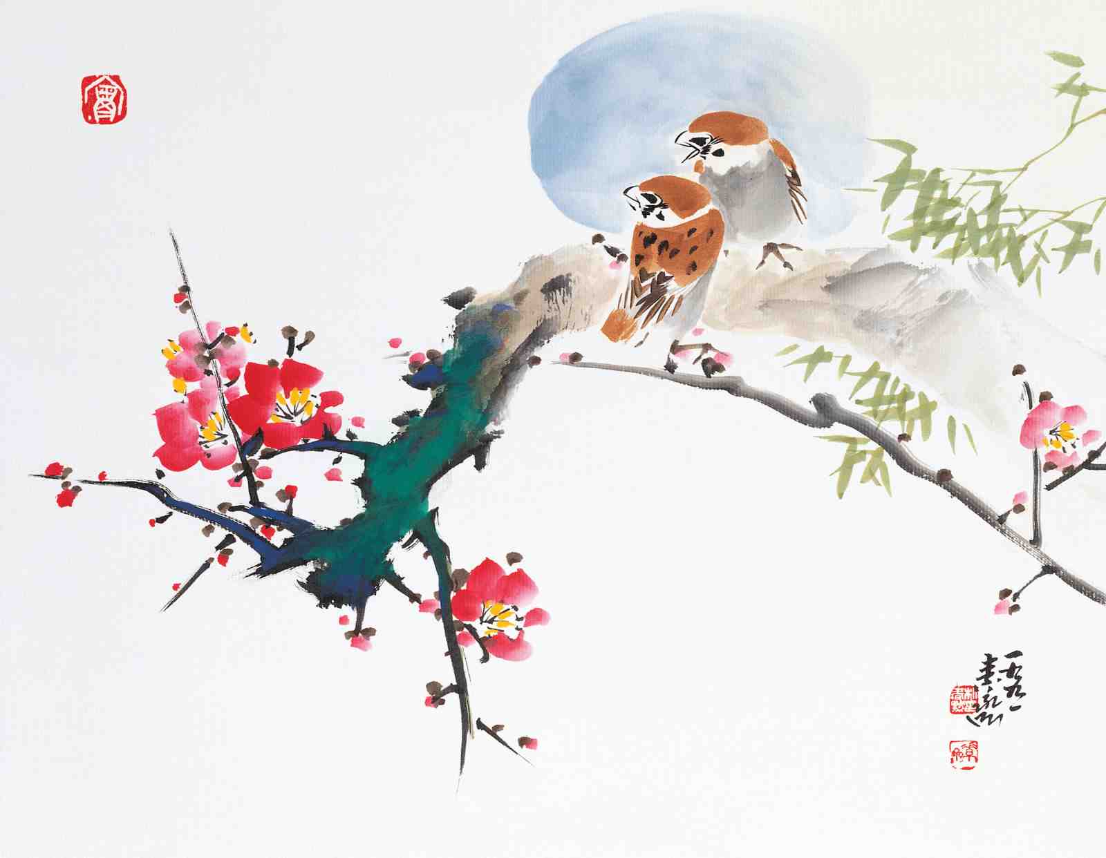 Serene Sparrows & Blossoms Wall Art