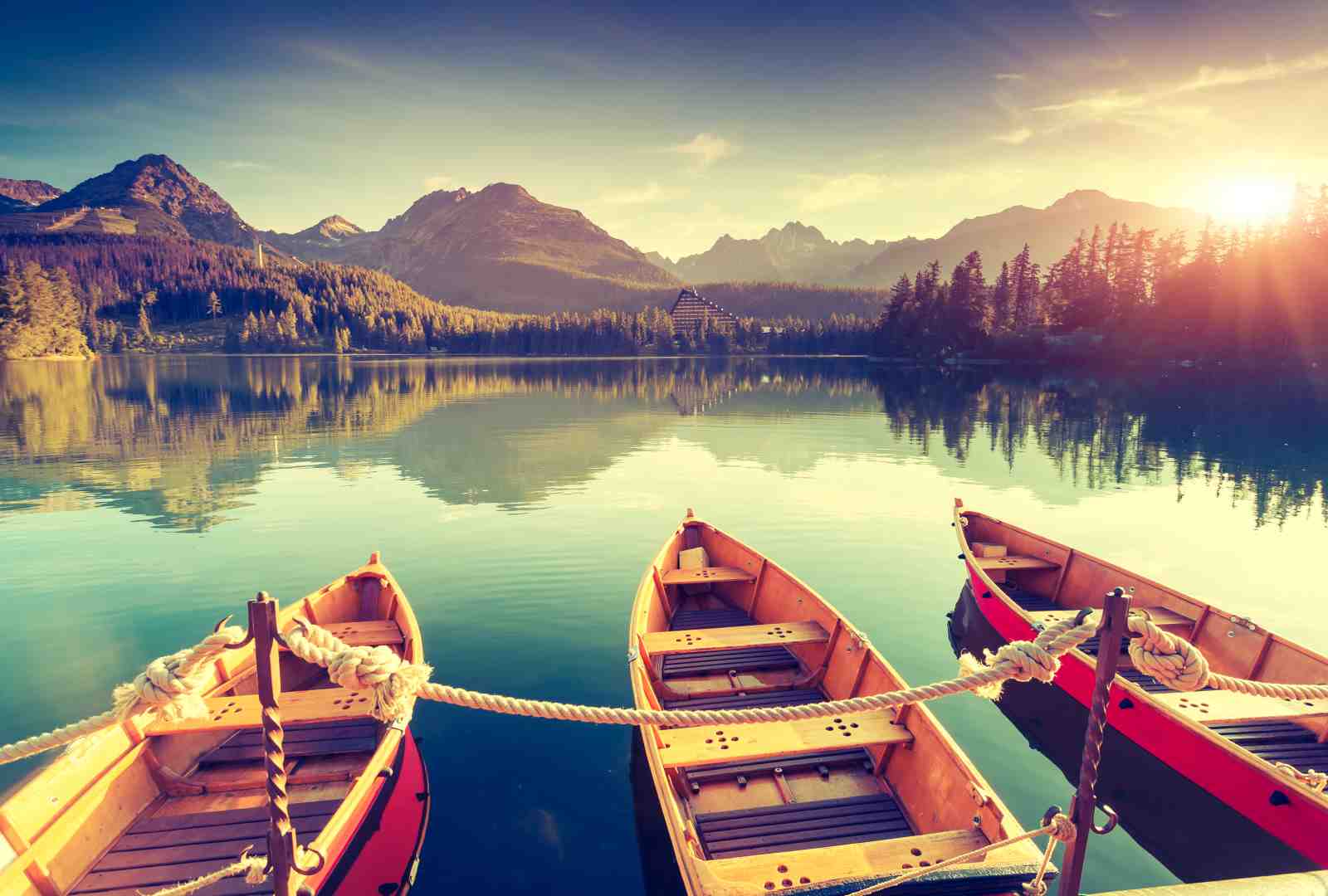 Tranquil Mountain Lake Boats Wall Art